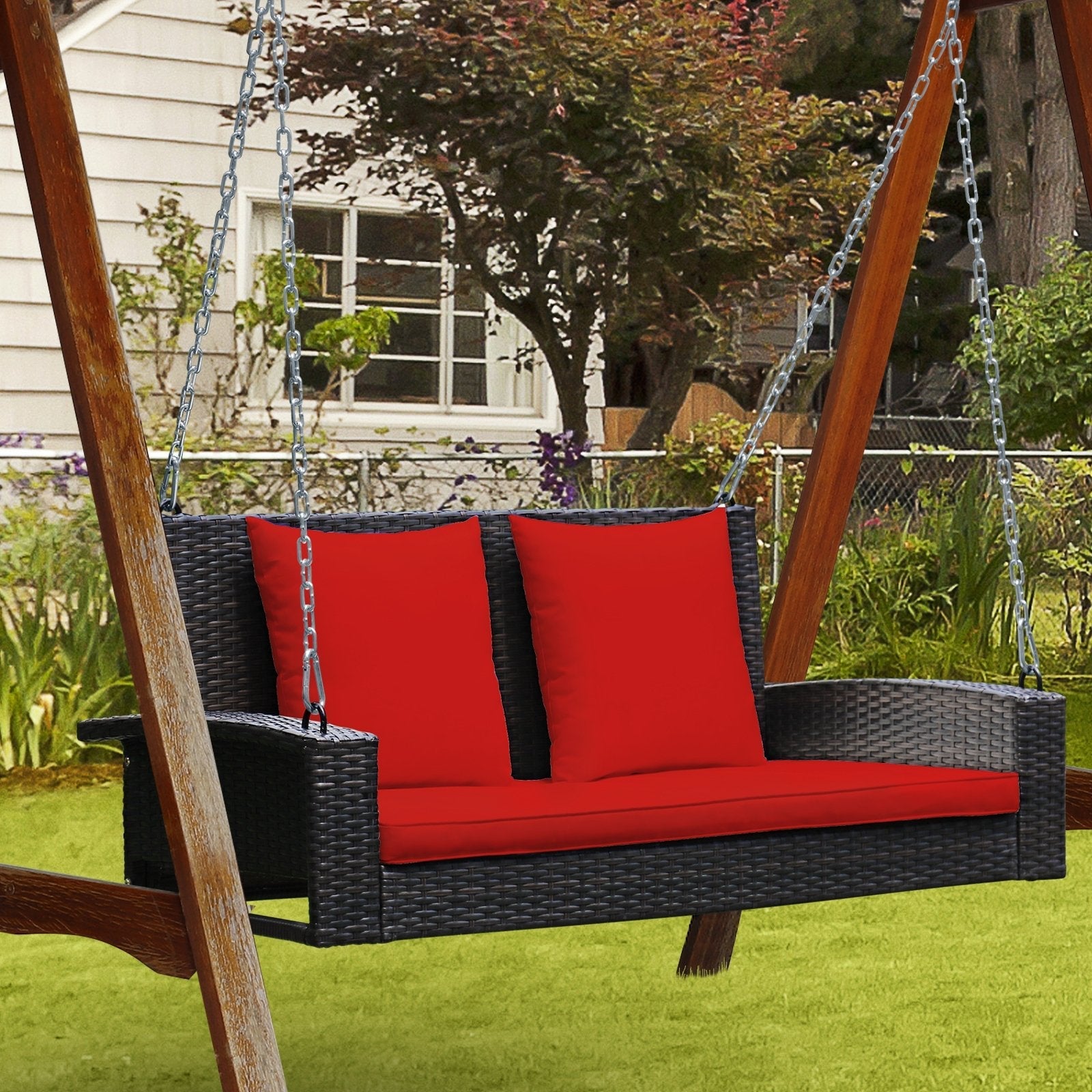 2-Person Patio Rattan Porch Swing with Cushions-Black