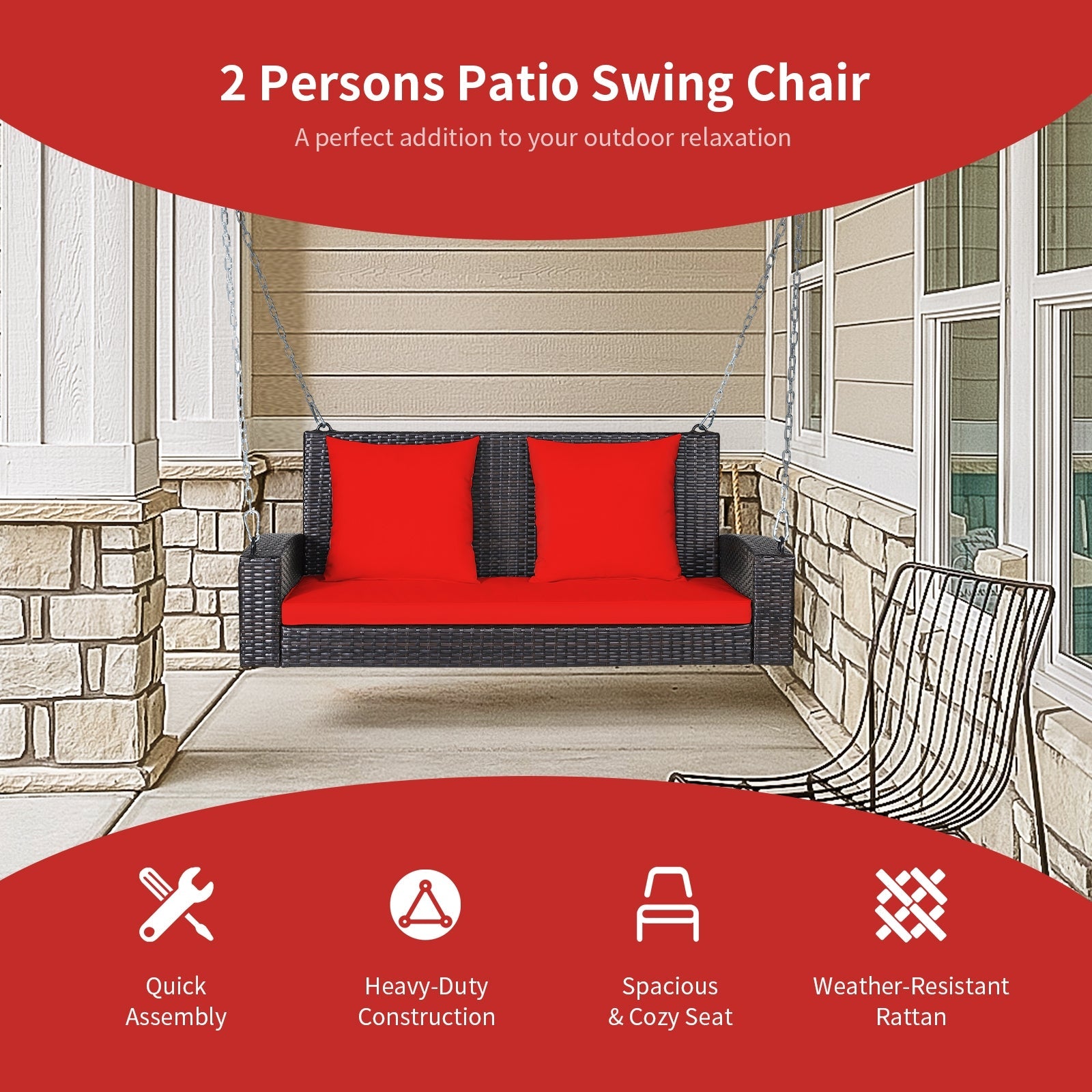 2-Person Patio Rattan Porch Swing with Cushions-Black