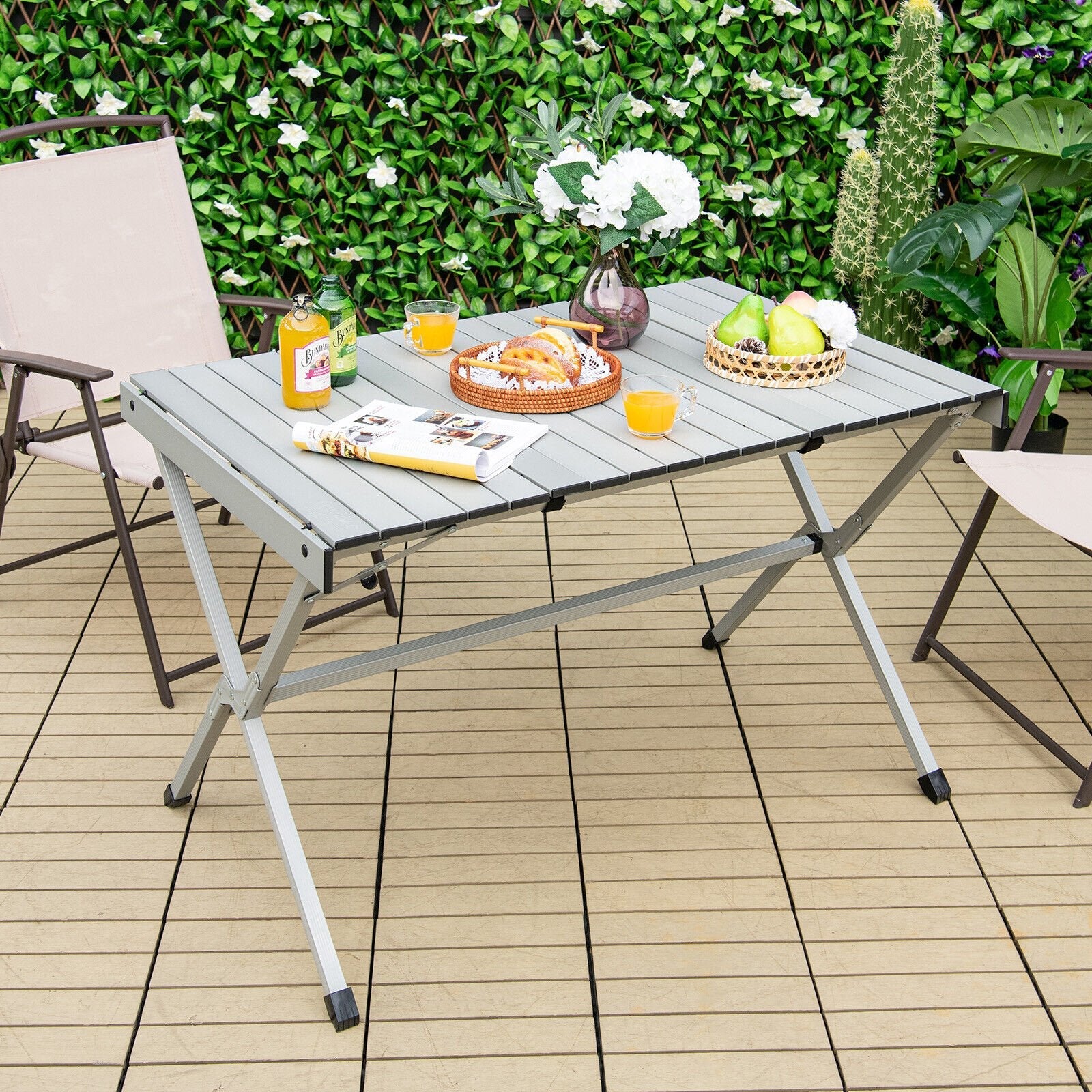 4-6 Person Portable Aluminum Camping Table with Carrying Bag-Brown