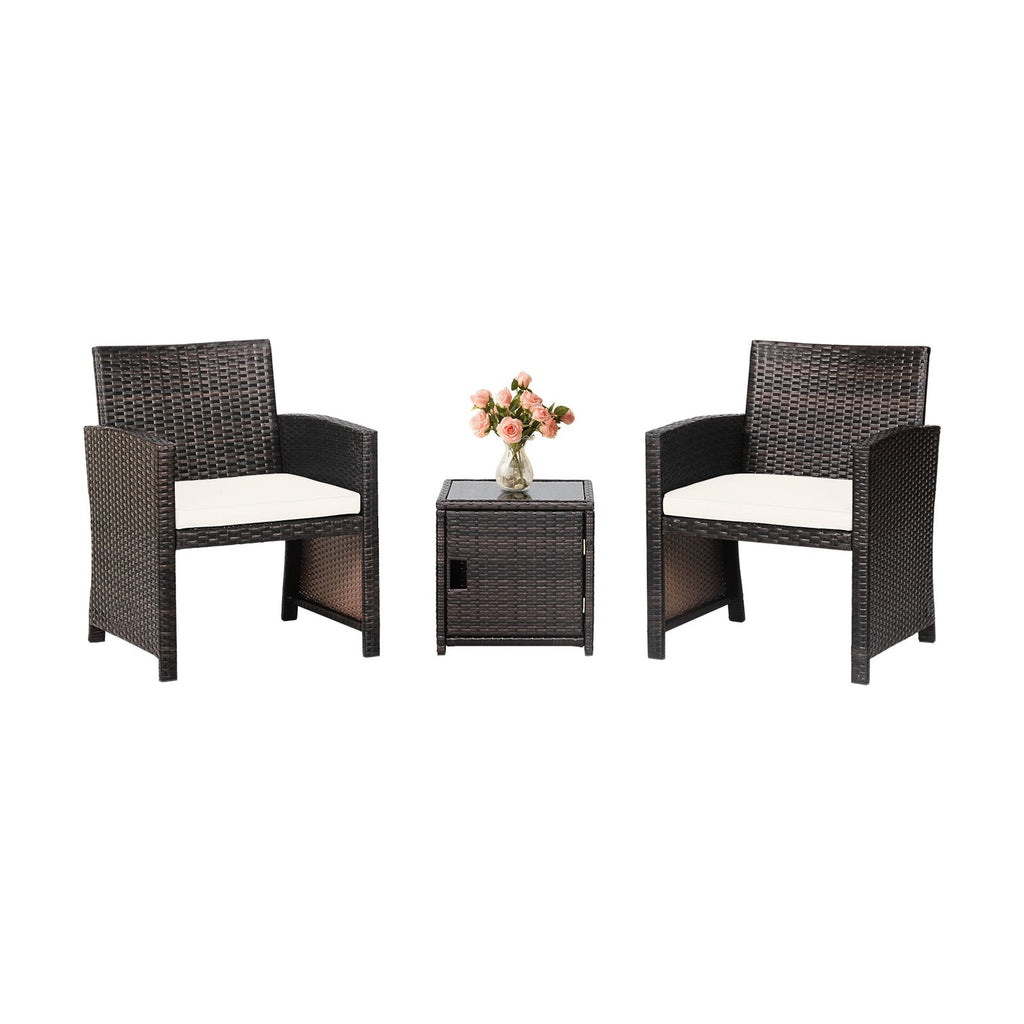 3 Pieces Patio Wicker Furniture Set with Storage Table and Protective Cover-Gray