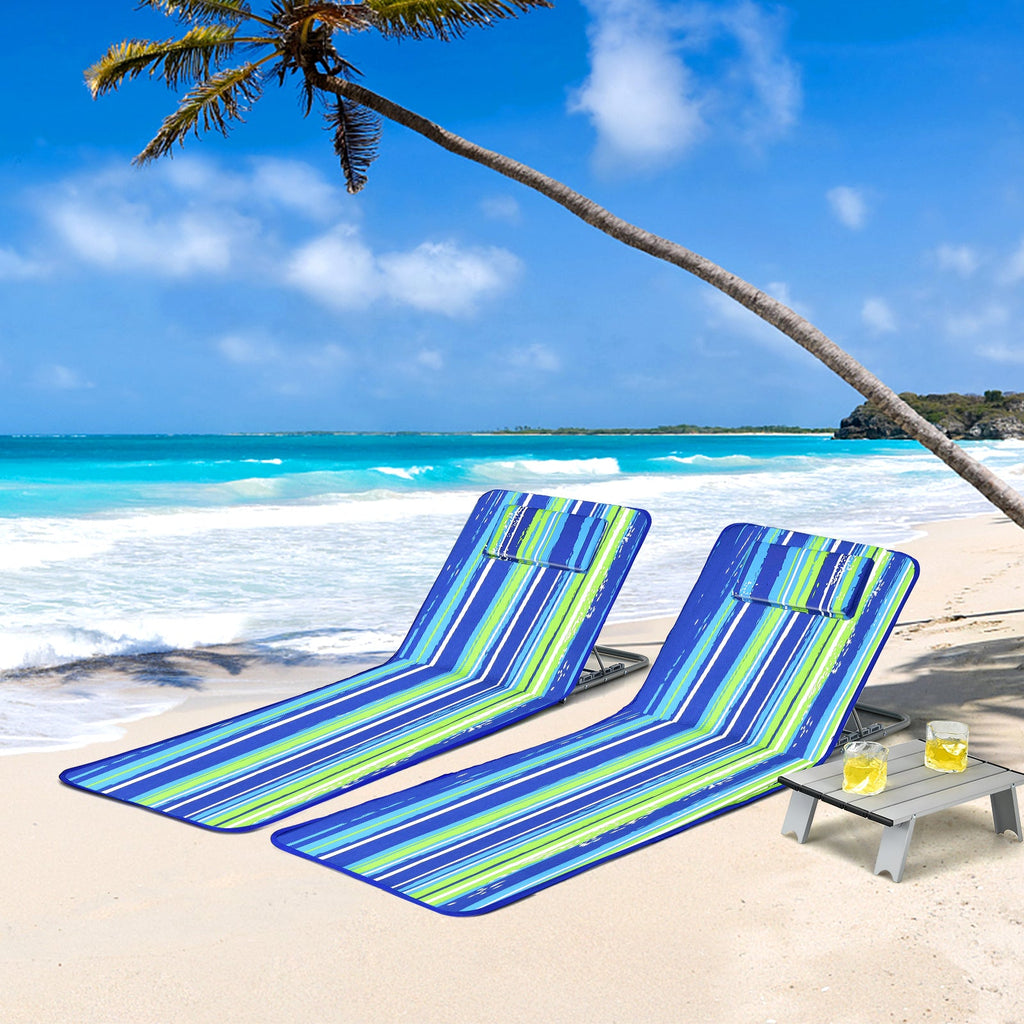 3 Pieces Beach Lounge Chair Mat Set 2 Adjustable Lounge Chairs with Table Stripe-Blue
