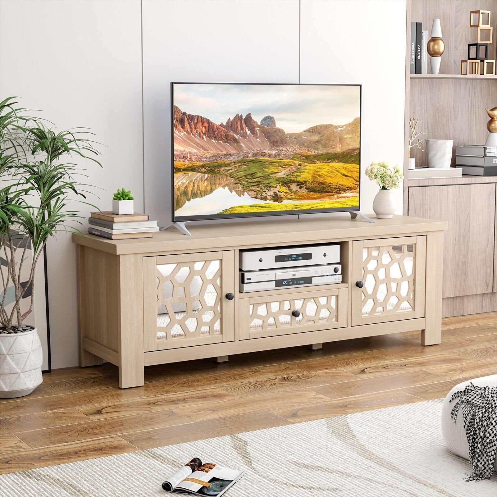 55 Inch Retro TV Stand Media Entertainment Center with Mirror Doors and Drawer-Dark Brown