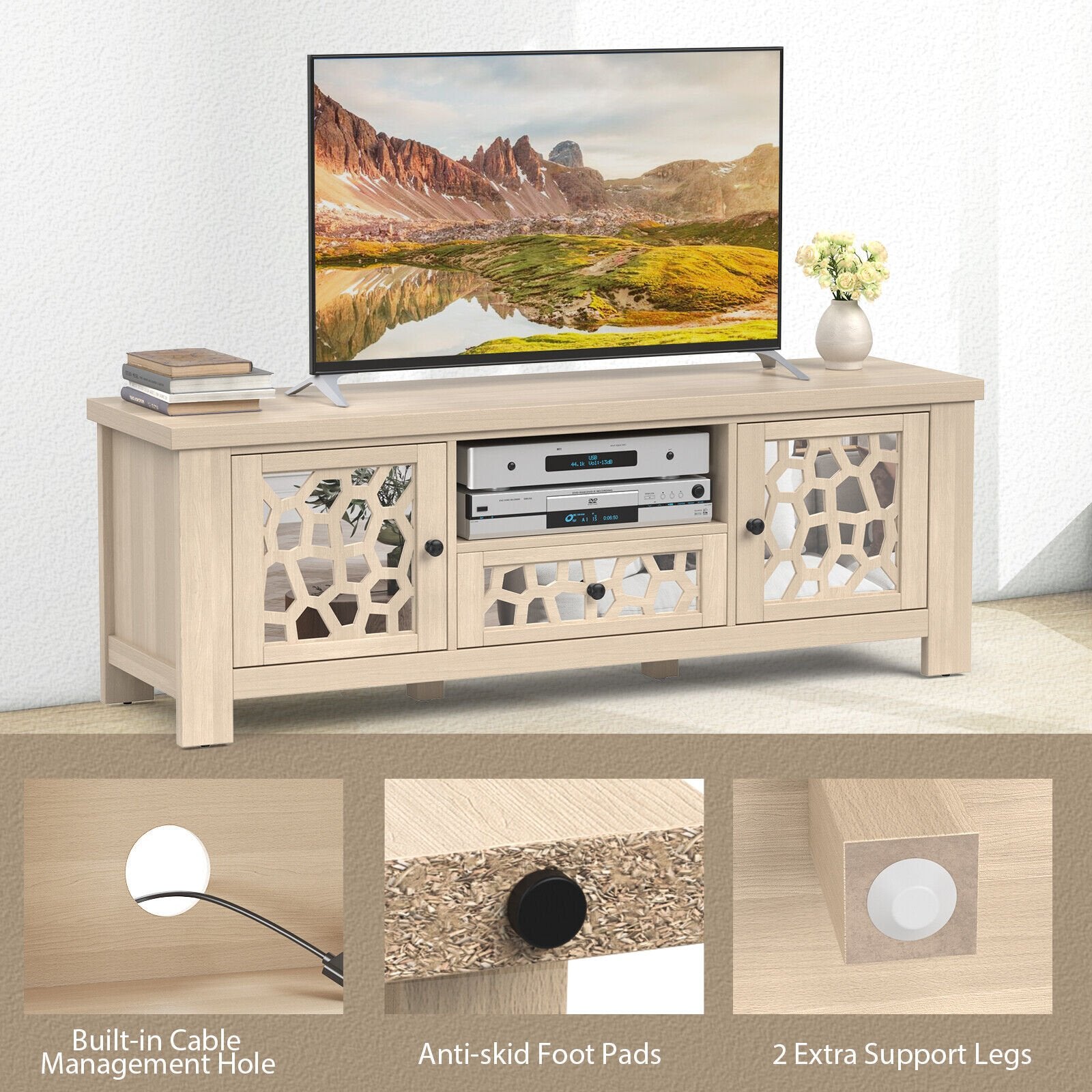 55 Inch Retro TV Stand Media Entertainment Center with Mirror Doors and Drawer-Dark Brown