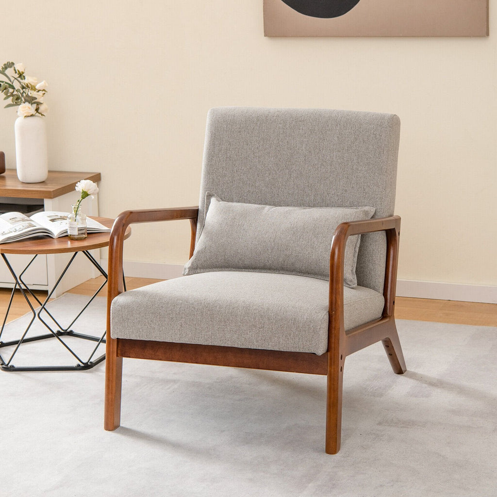 Modern Accent Chair with Rubber Wood Frame and Lumbar Pillow-Beige