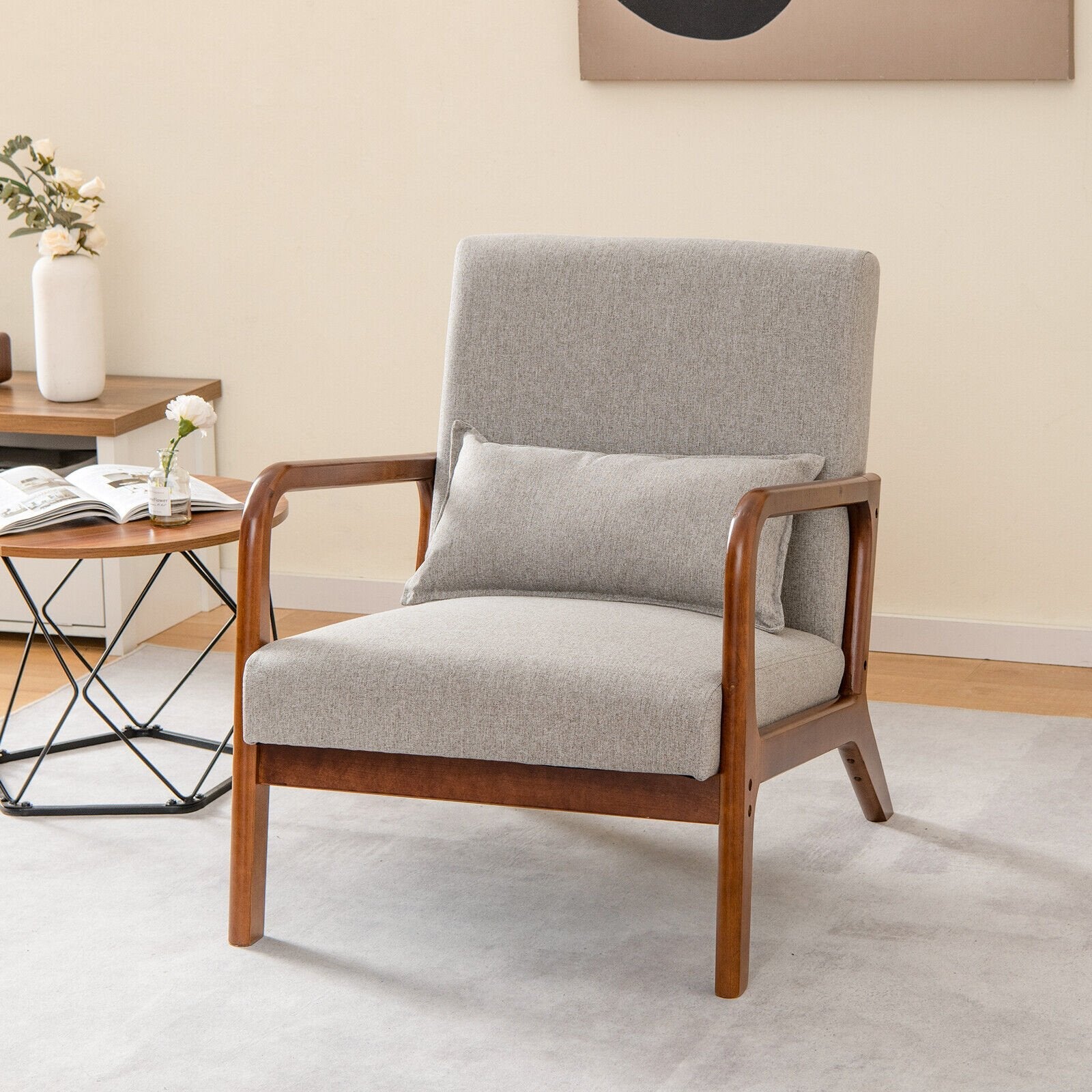 Modern Accent Chair with Rubber Wood Frame and Lumbar Pillow-Beige