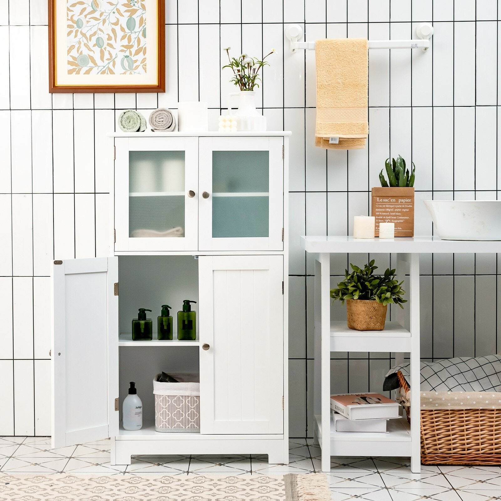 Bathroom Floor Storage Locker Kitchen Cabinet with Doors and Adjustable Shelf-Black