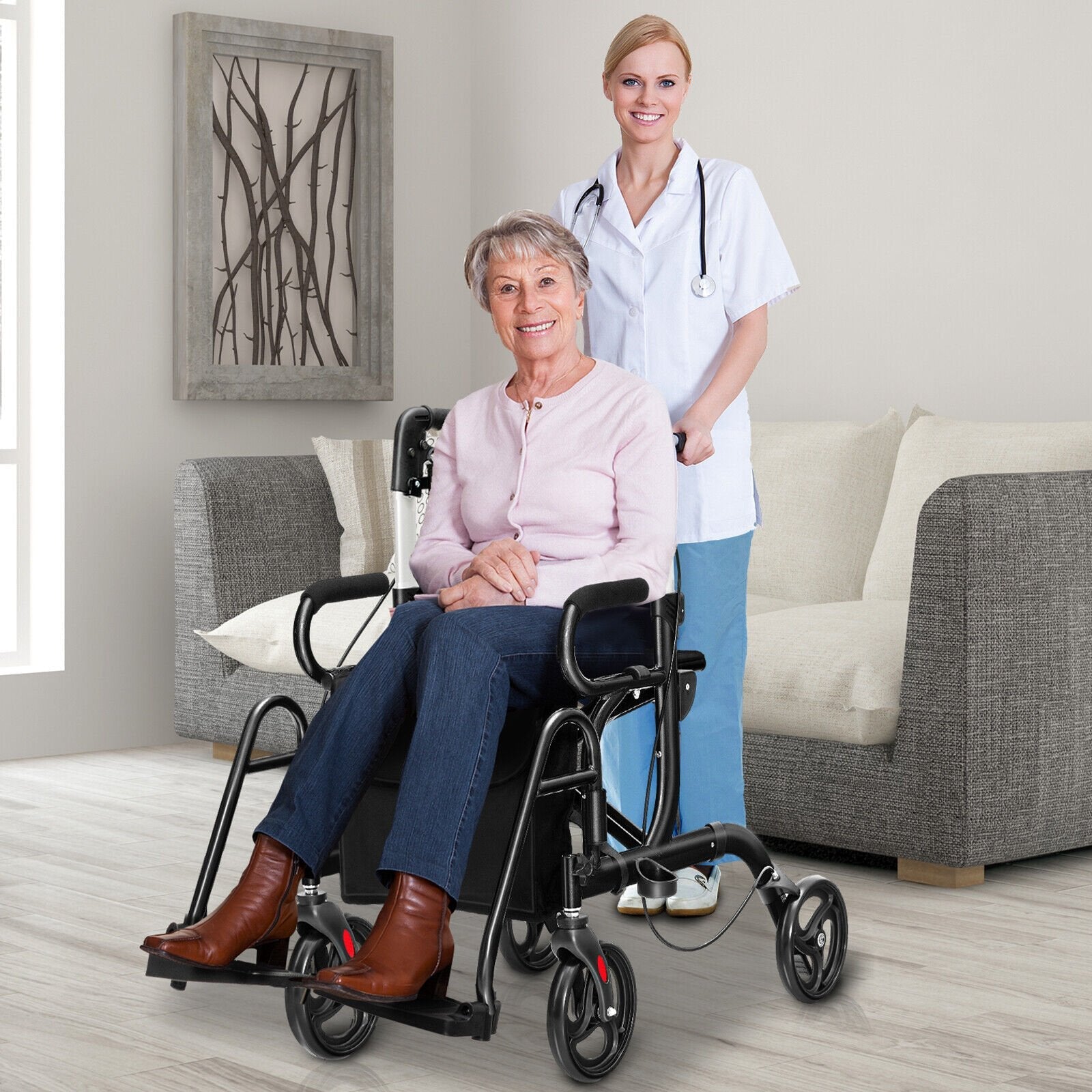 Folding Rollator Walker with 8-inch Wheels and Seat-Black