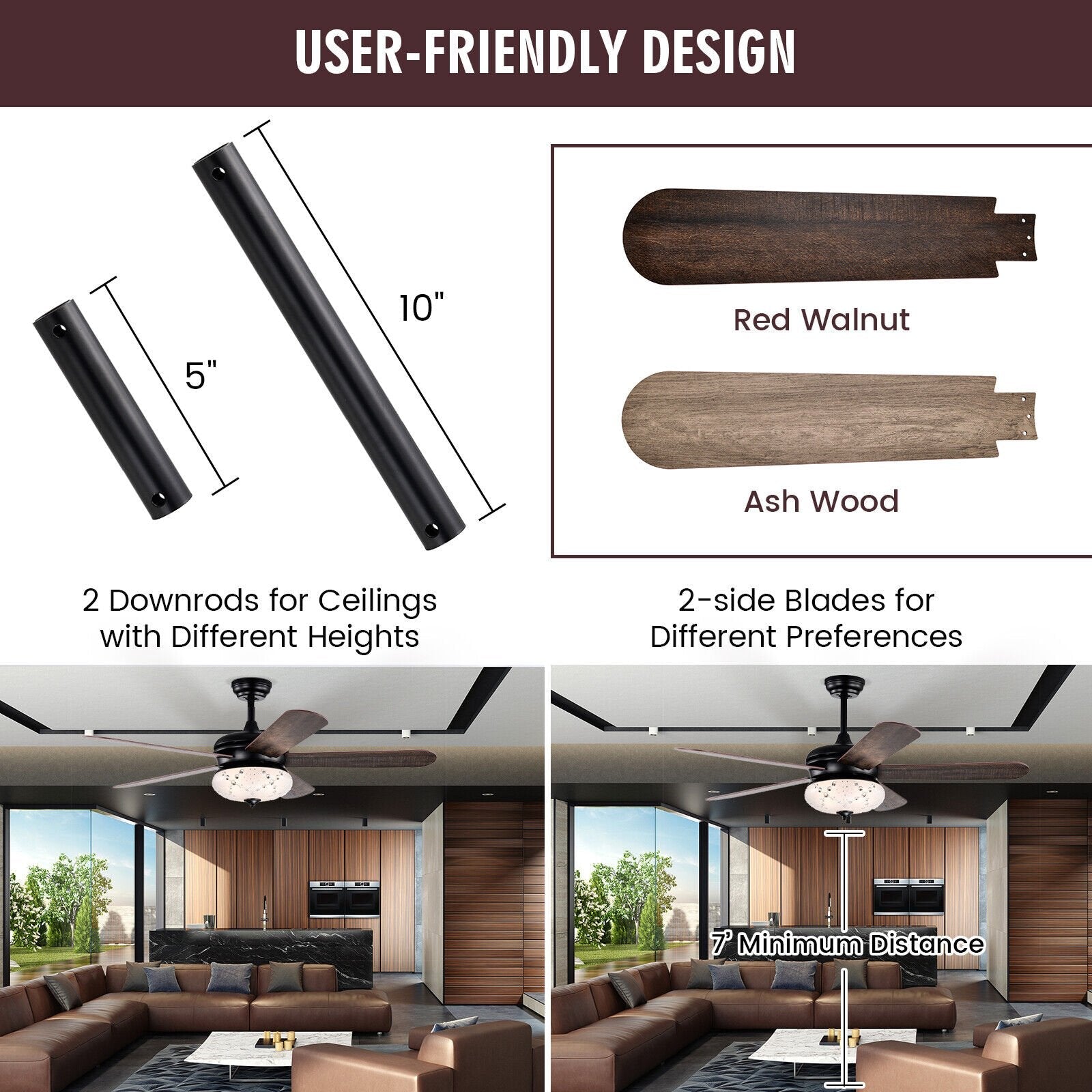 52 Inches Ceiling Fan with Remote Control-Oak