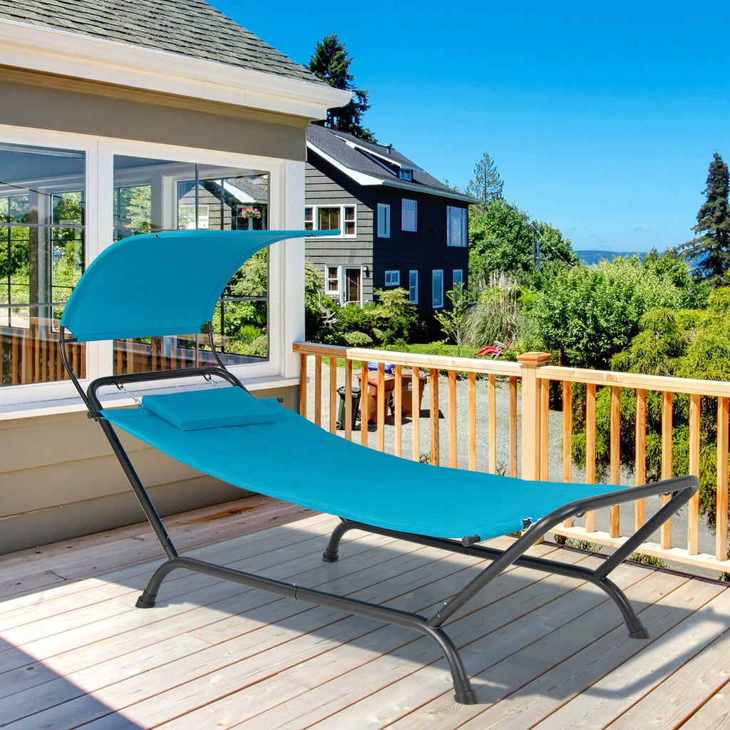 Patio Hanging Chaise Lounge Chair with Canopy Cushion Pillow and Storage Bag-Beige