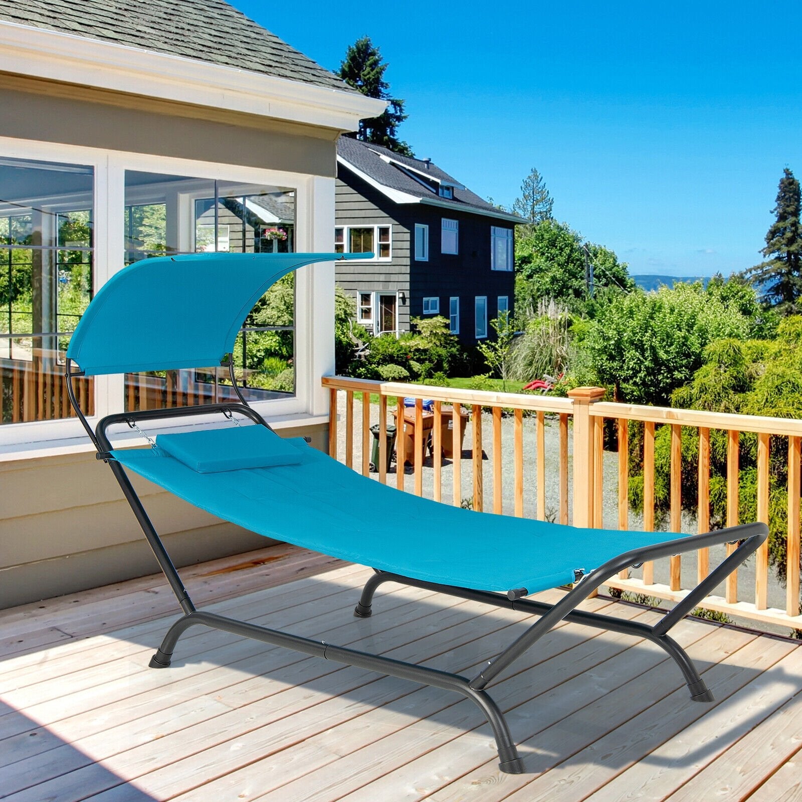 Patio Hanging Chaise Lounge Chair with Canopy Cushion Pillow and Storage Bag-Beige