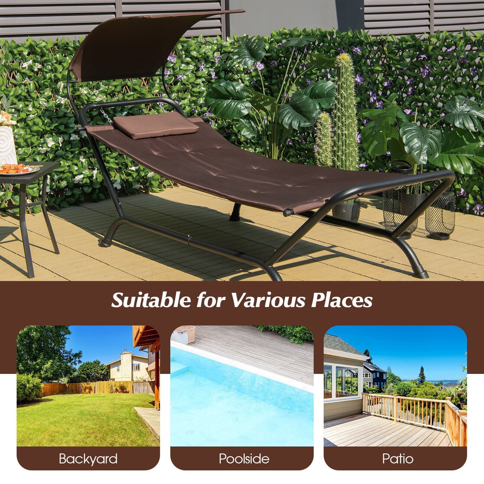 Patio Hanging Chaise Lounge Chair with Canopy Cushion Pillow and Storage Bag-Beige