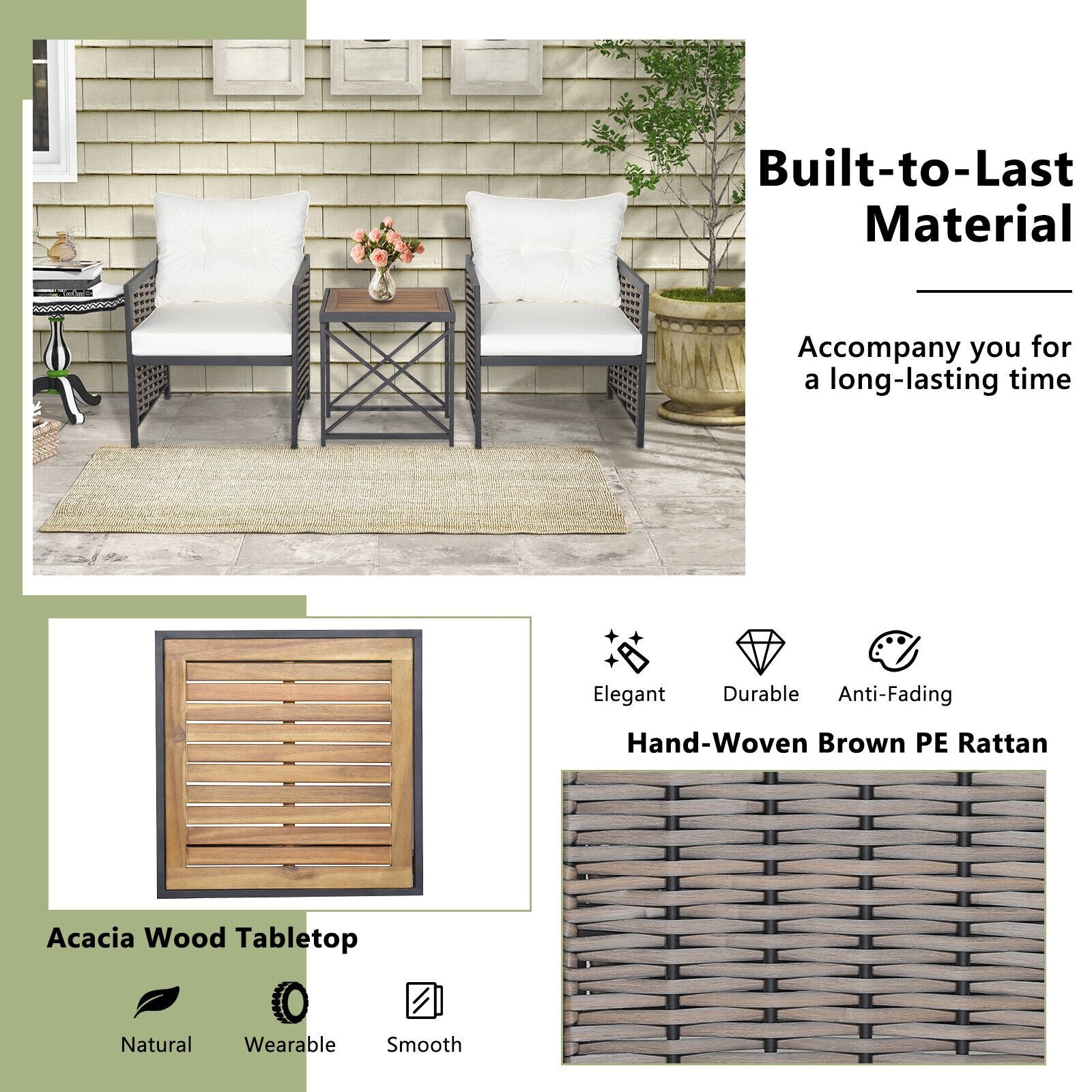 3 Piece Patio Rattan Furniture Set with Acacia Wood Tabletop-Gray