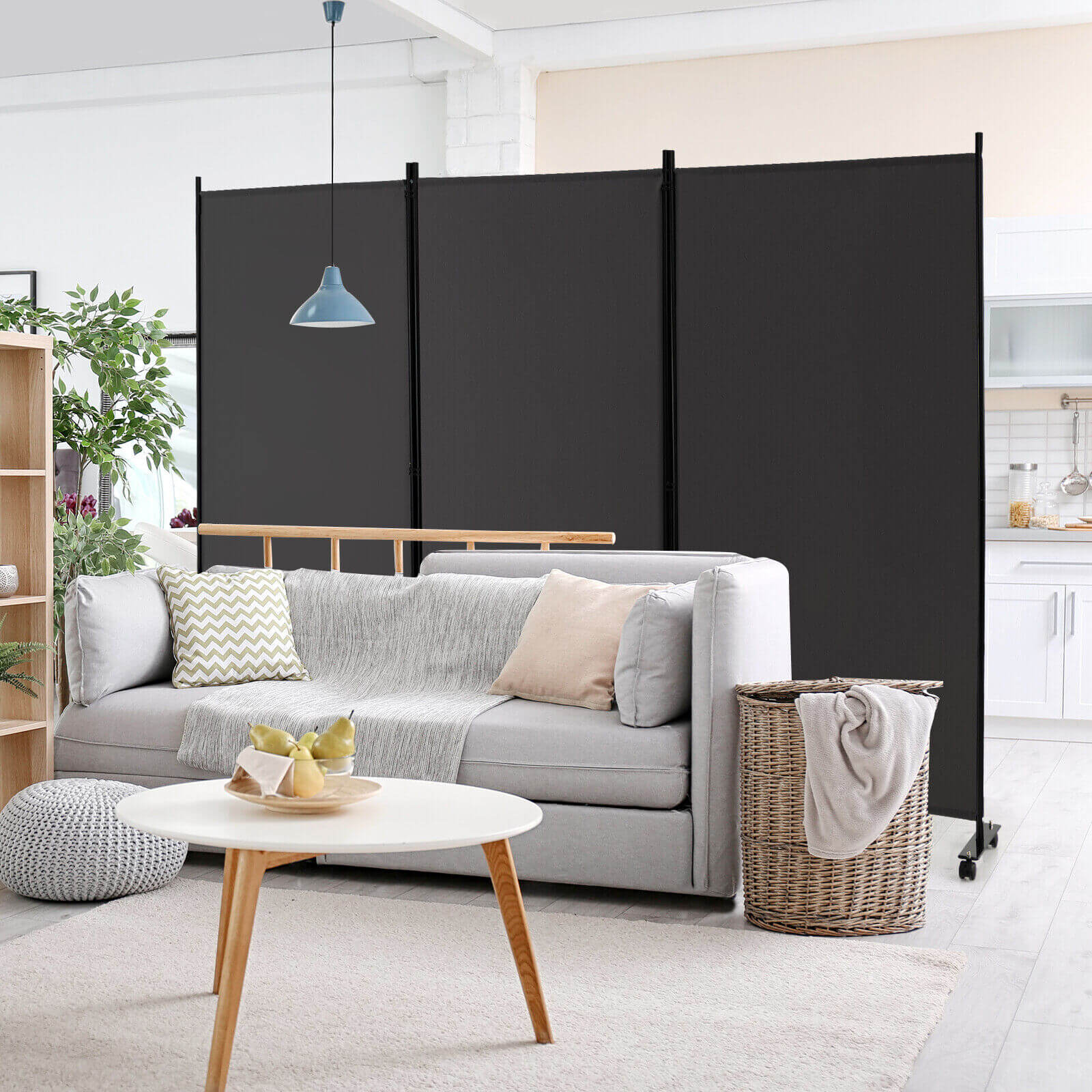 3 Panel Folding Room Divider with Lockable Wheels-Black