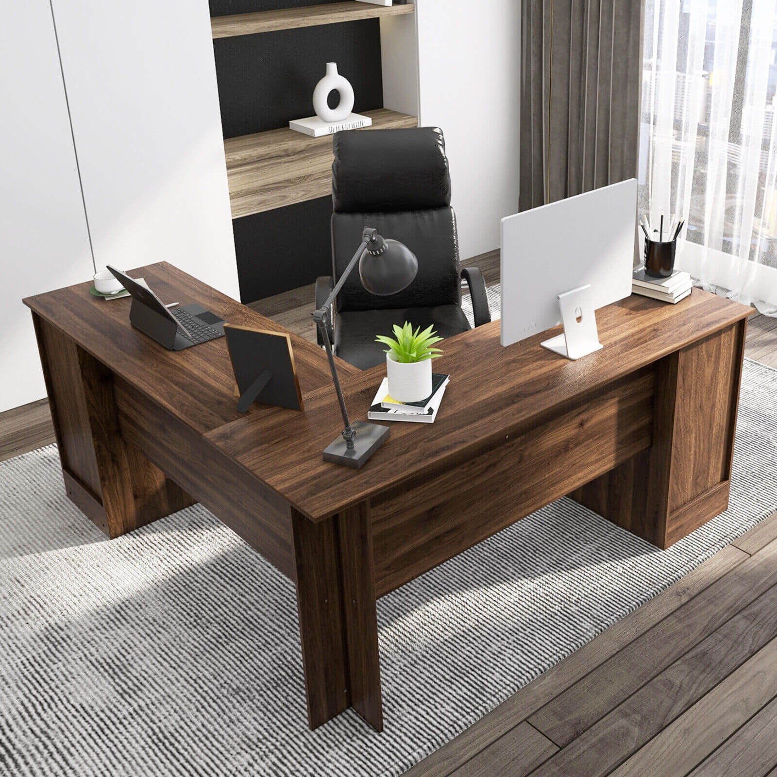 L-Shaped Office Desk with Storage Drawers and Keyboard Tray-Dark Brown