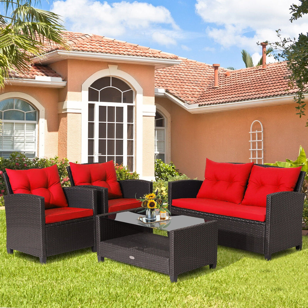 4 Pieces Outdoor Rattan Armrest Furniture Set Table with Lower Shelf-Beige