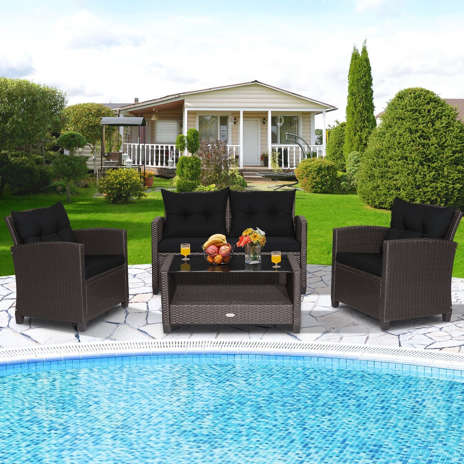 4 Pieces Outdoor Rattan Armrest Furniture Set Table with Lower Shelf-Beige