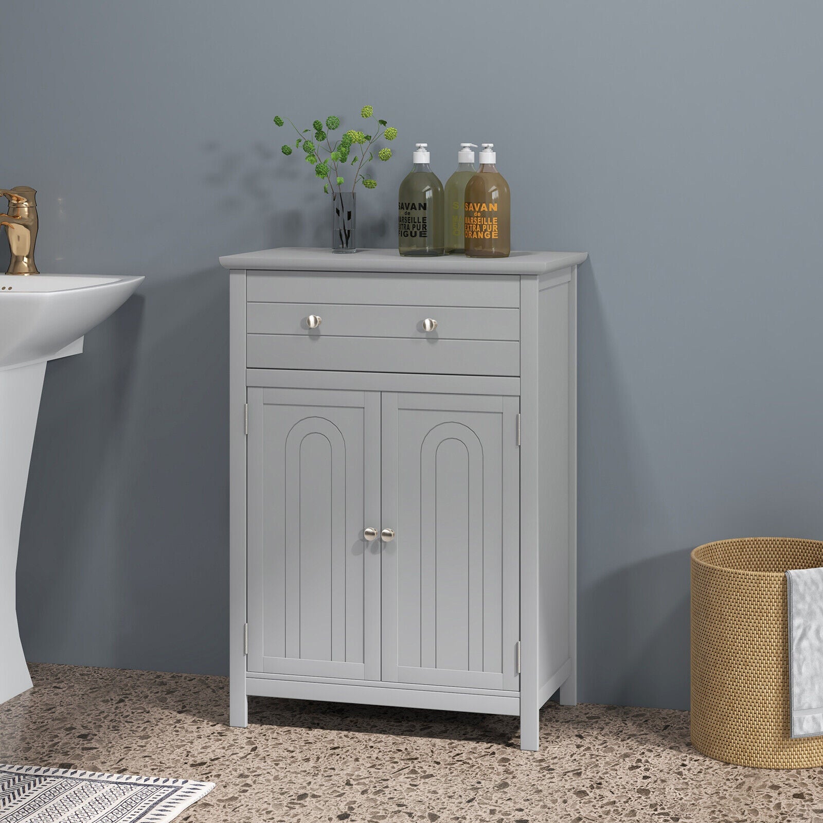 2-Door Freestanding Bathroom Cabinet with Drawer and Adjustable Shelf-Black