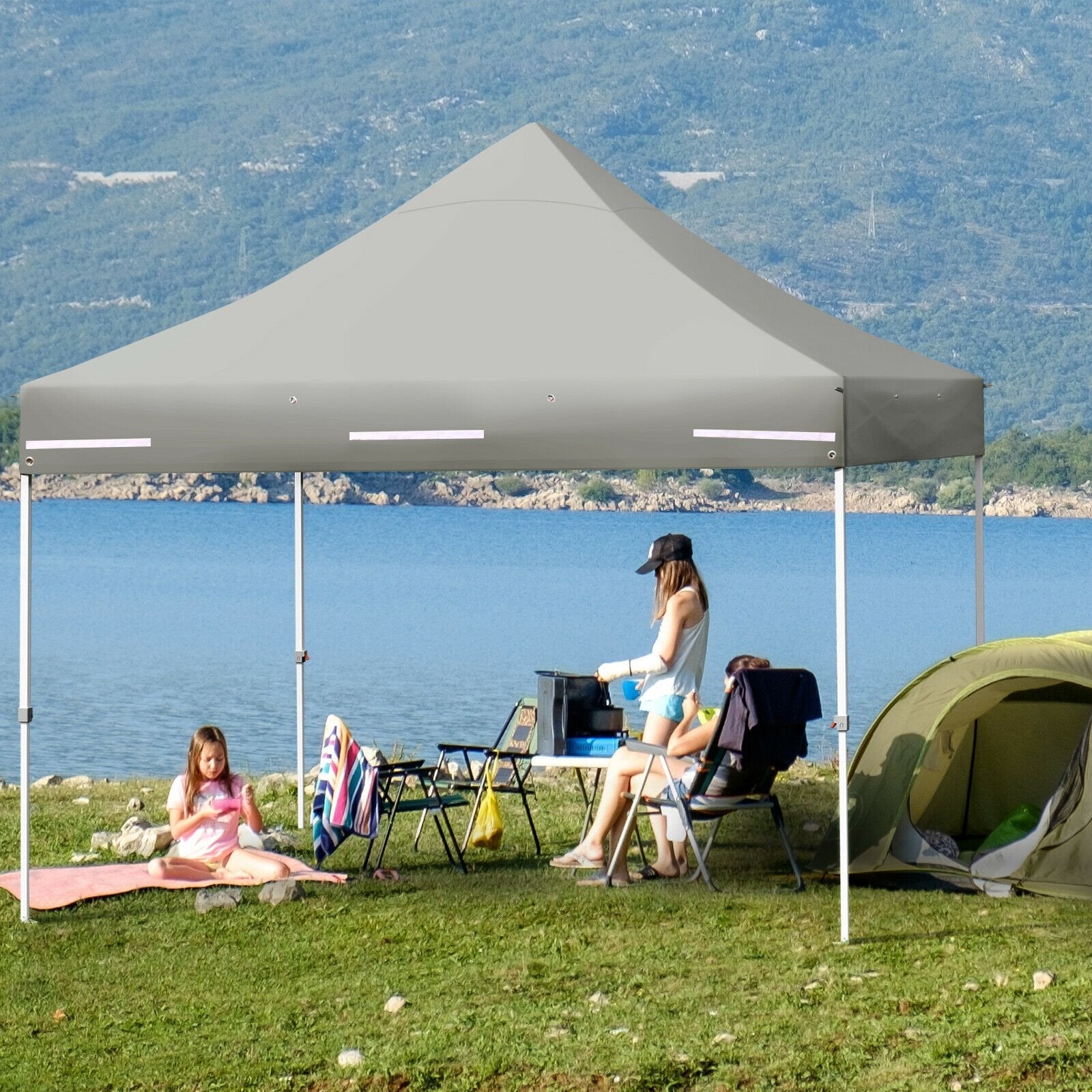 10 x 10 Feet Pop-up Gazebo with 5 Removable Zippered Sidewalls and Extended Awning-Blue