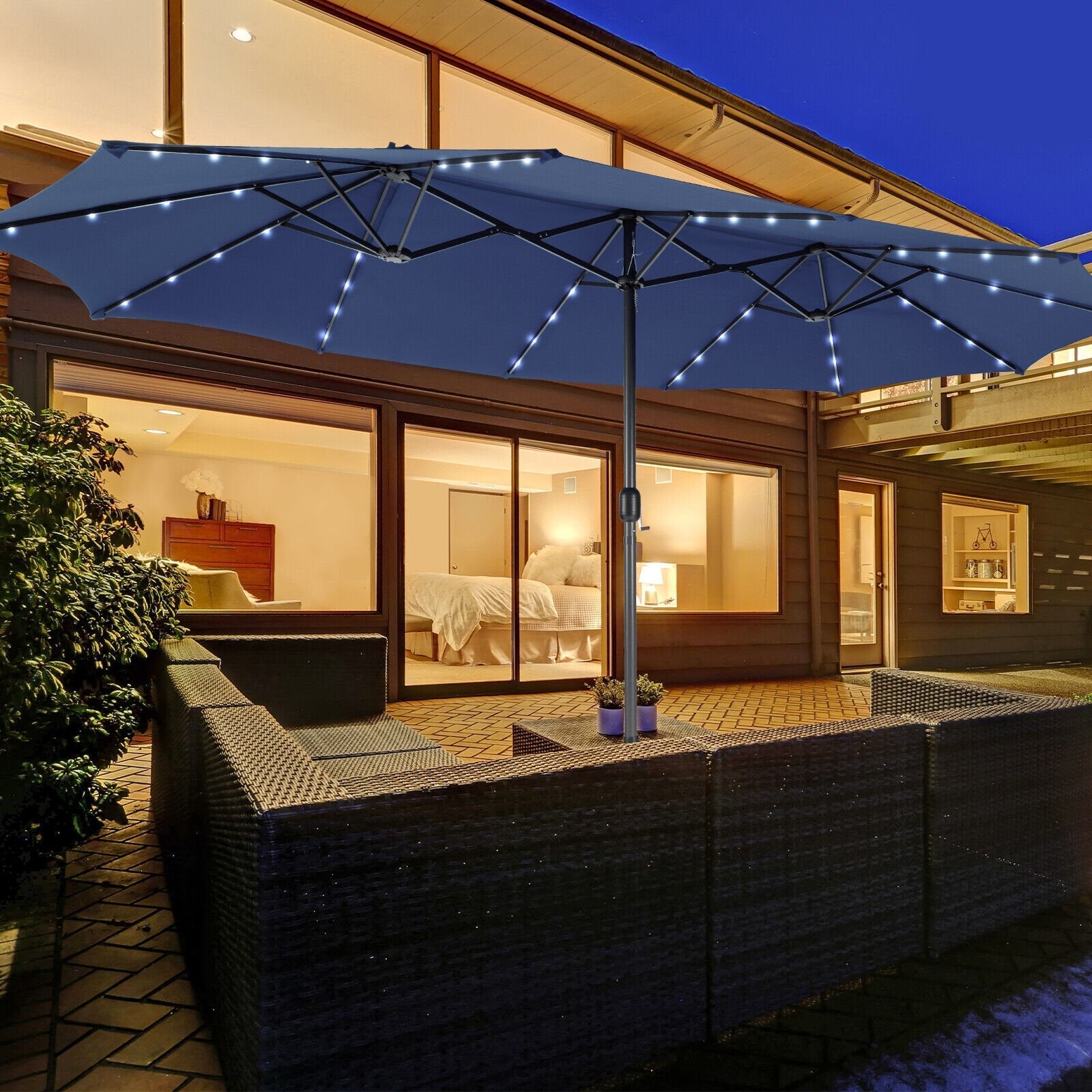 15 Feet Twin Patio Umbrella with 48 Solar LED Lights-Beige