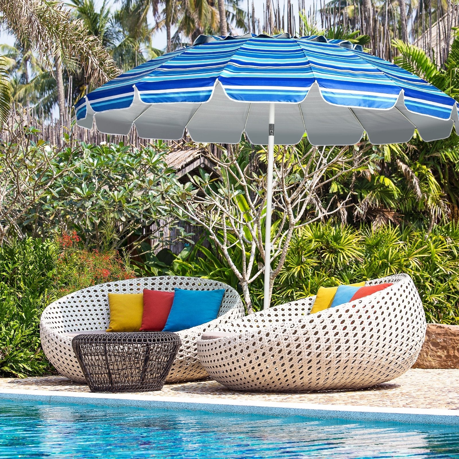 8FT Portable Beach Umbrella with Sand Anchor and Tilt Mechanism for Garden and Patio-Blue
