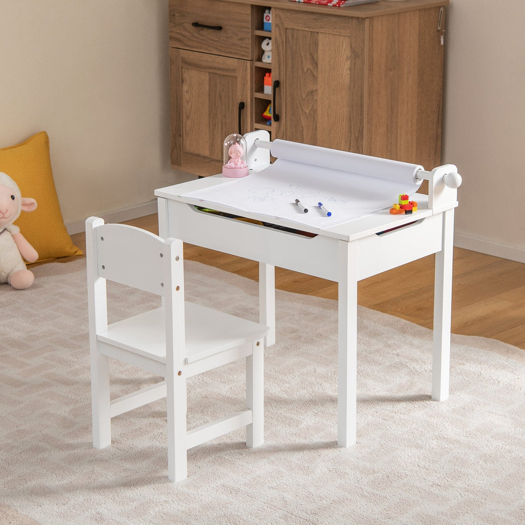 Wooden Kids Table and Chair Set with Storage and Paper Roll Holder-Gray