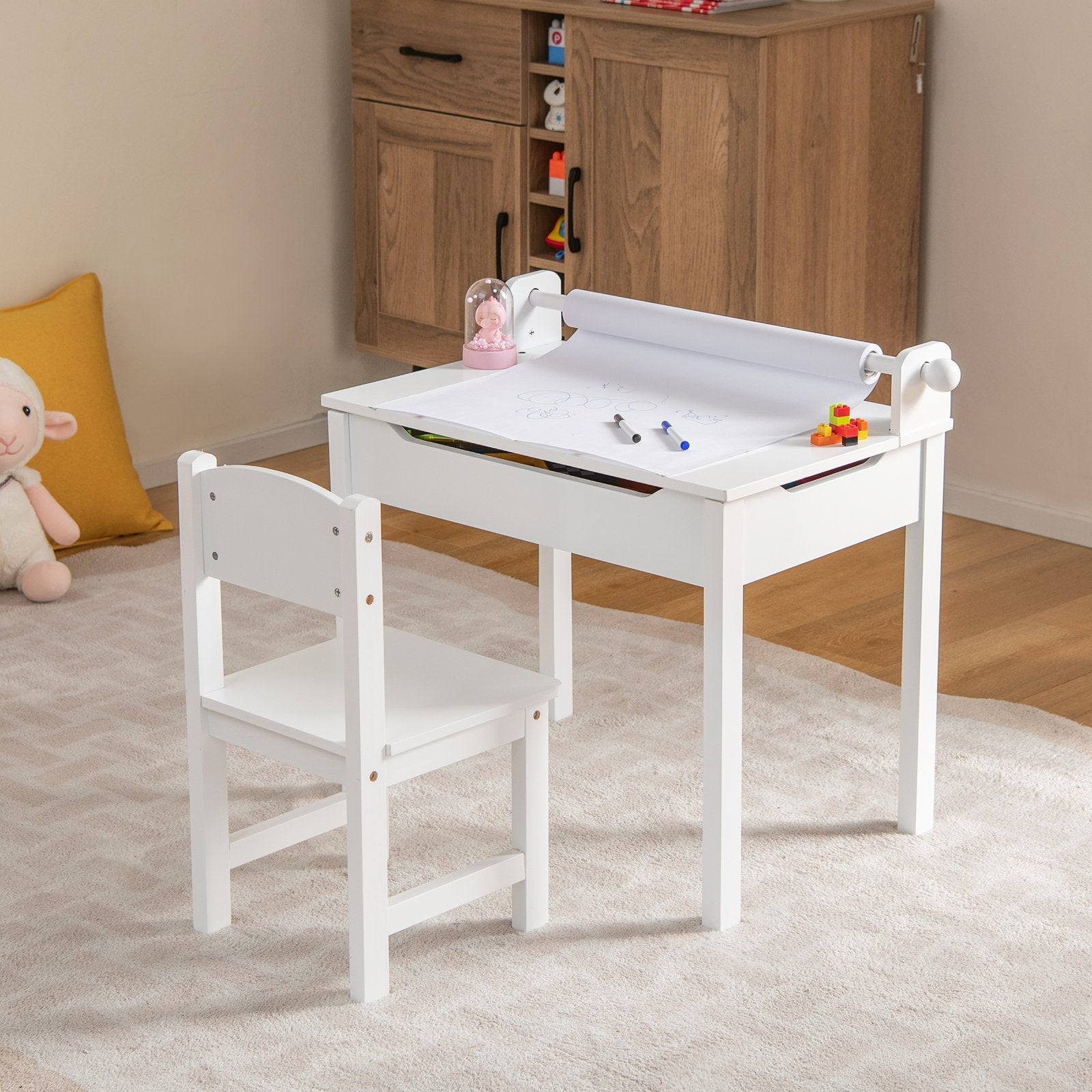 Wooden Kids Table and Chair Set with Storage and Paper Roll Holder-Gray