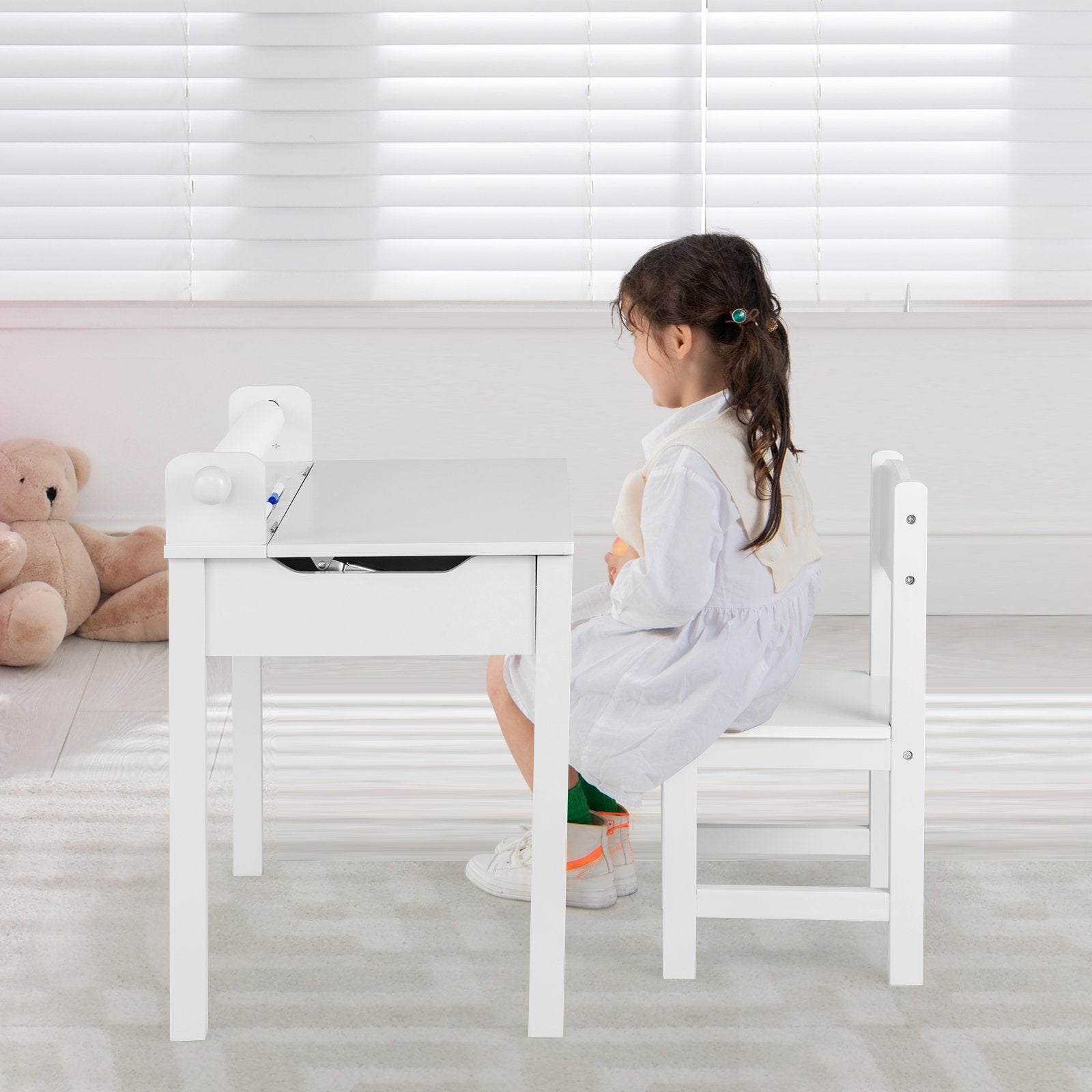 Wooden Kids Table and Chair Set with Storage and Paper Roll Holder-Gray