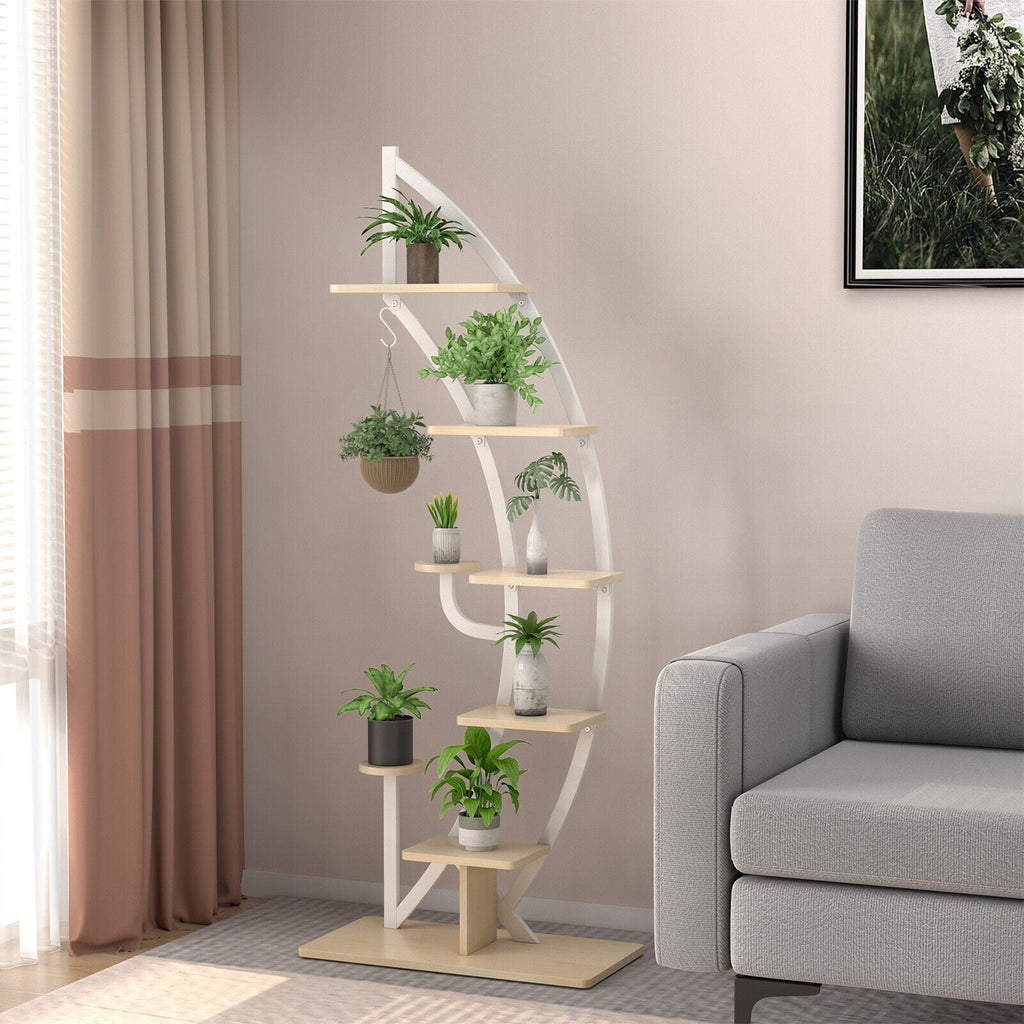 6 Tier 9 Potted Metal Plant Stand Holder Display Shelf with Hook-Natural