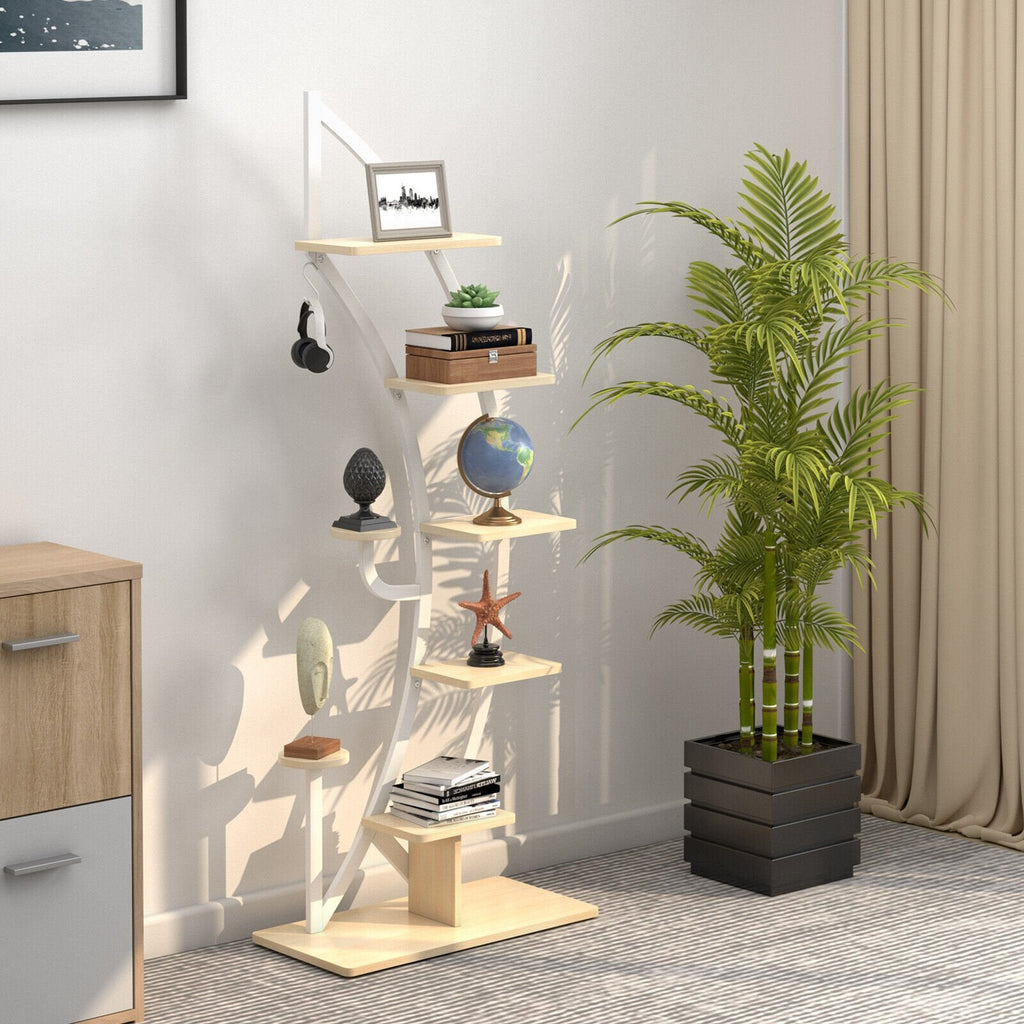 6 Tier 9 Potted Metal Plant Stand Holder Display Shelf with Hook-Natural