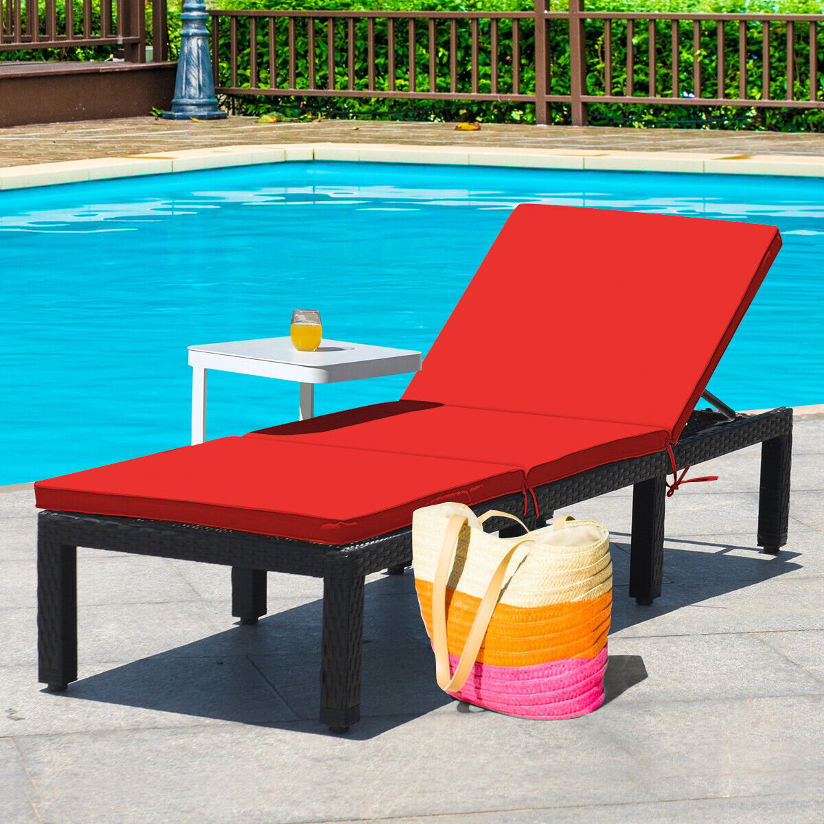 Patio Rattan Height Adjustable Lounge Chair with 2 Set of Cushion Cover-Black & Turquoise