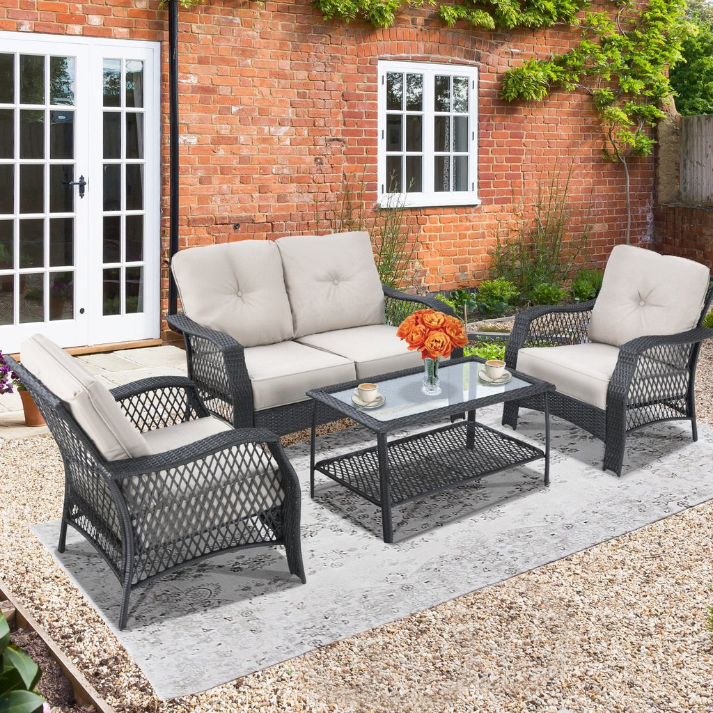 4 Pieces Patio Wicker Furniture Set Loveseat Sofa Coffee Table with Cushion-Beige