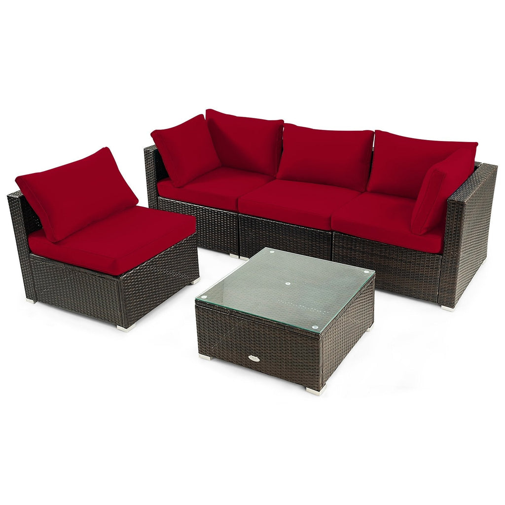 5 Pieces Cushioned Patio Rattan Furniture Set with Glass Table-Black