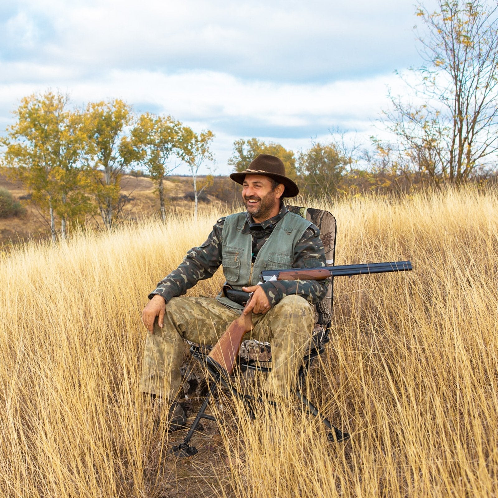 Swivel Folding Chair with Backrest and Padded Cushion-Black