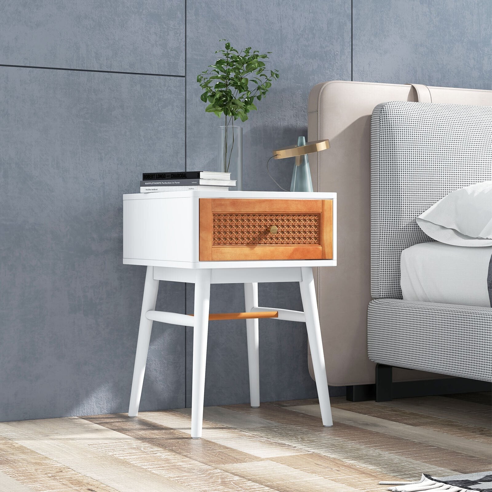 1-Drawer Modern Bedside Table with Solid Wood Legs-Black