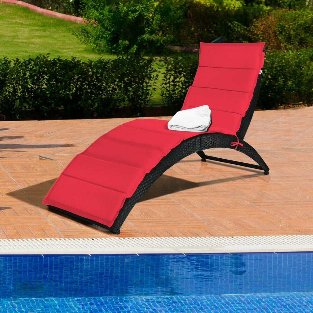 Folding Patio Rattan Portable Lounge Chair Chaise with Cushion-Beige