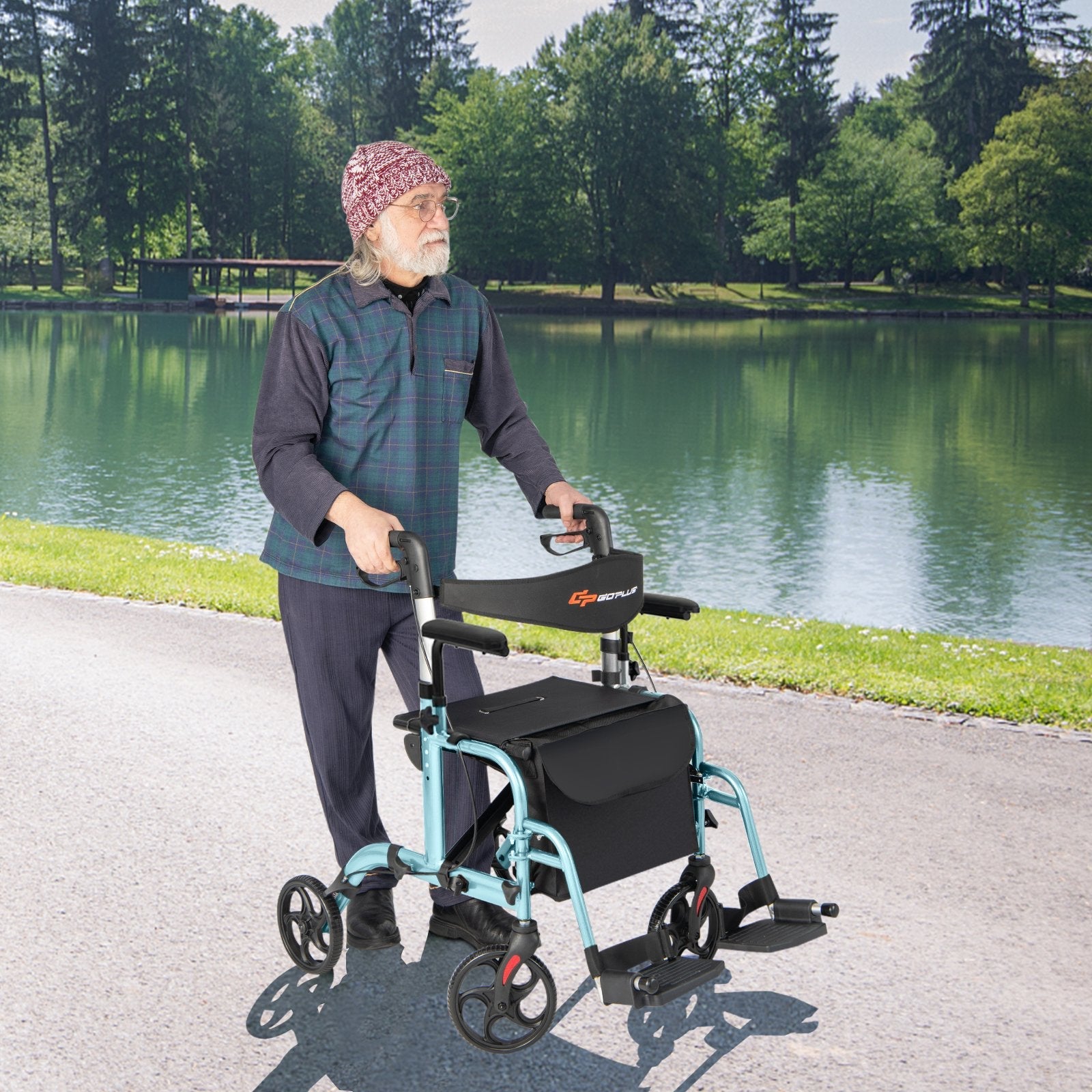 Folding Rollator Walker with Seat and Wheels Supports up to 300 lbs-Black