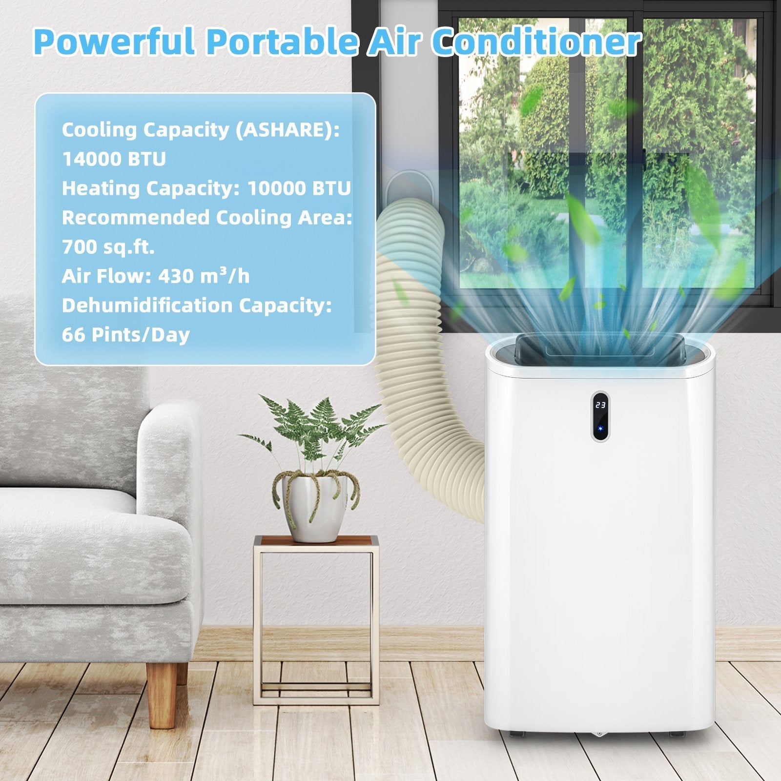 14000 BTU(Ashrae) Portable Air Conditioner with APP and WiFi Control-White
