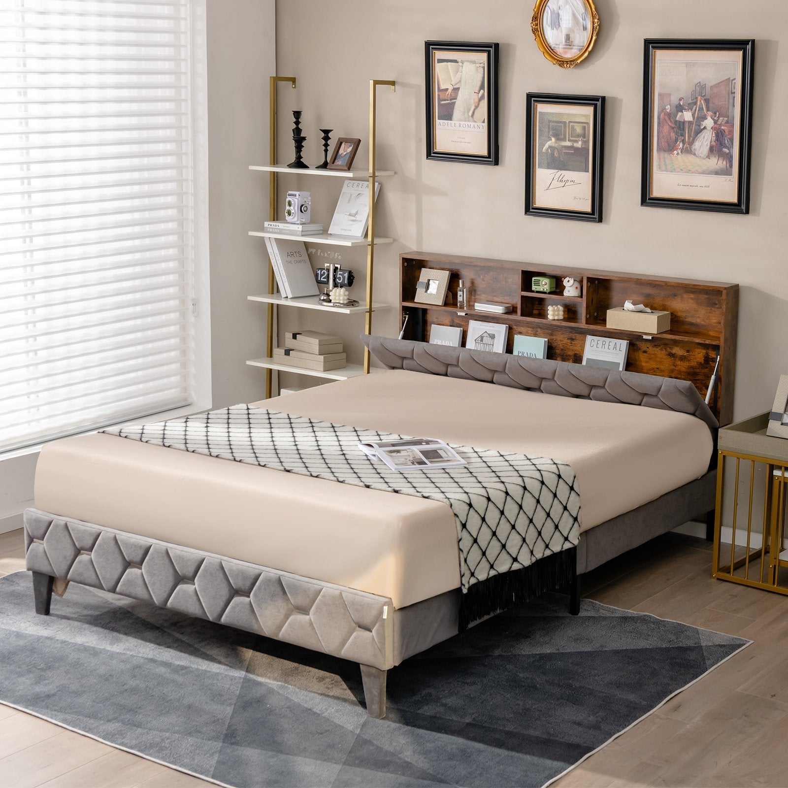 Full/Queen Size Upholstered Bed Frame with Storage Headboard-Queen Size