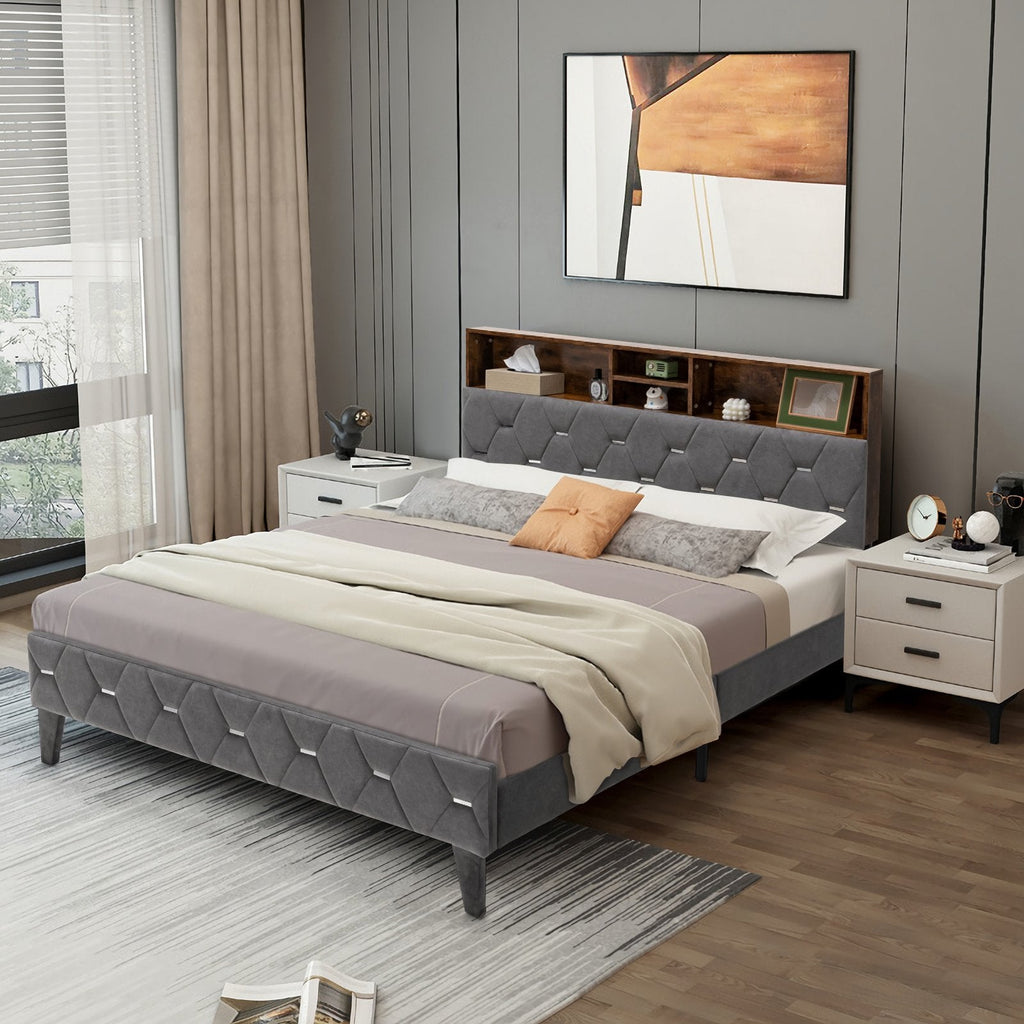 Full/Queen Size Upholstered Bed Frame with Storage Headboard-Queen Size