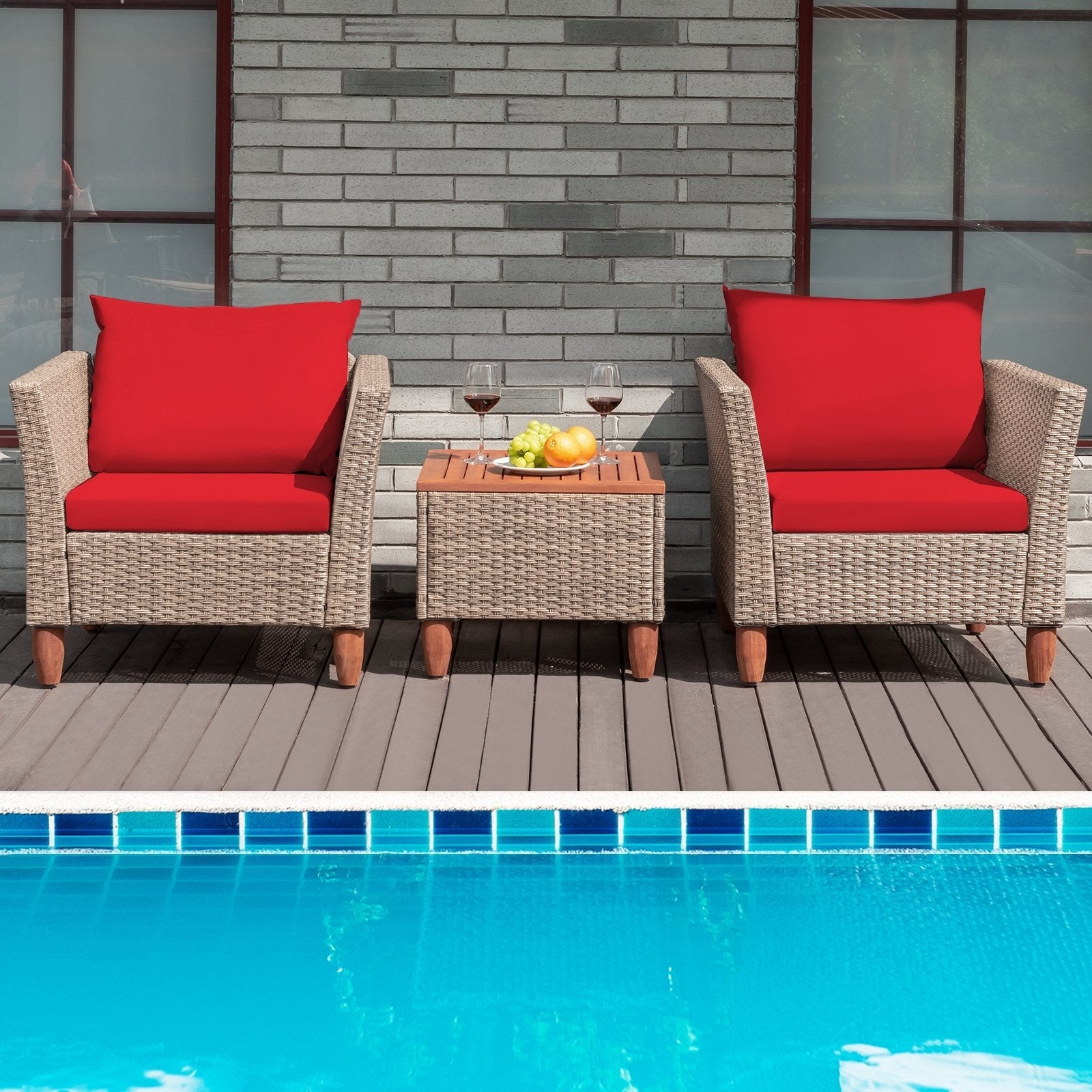 3 Pieces Patio Rattan Furniture Set with Washable Cushion for Yard Porch-Beige