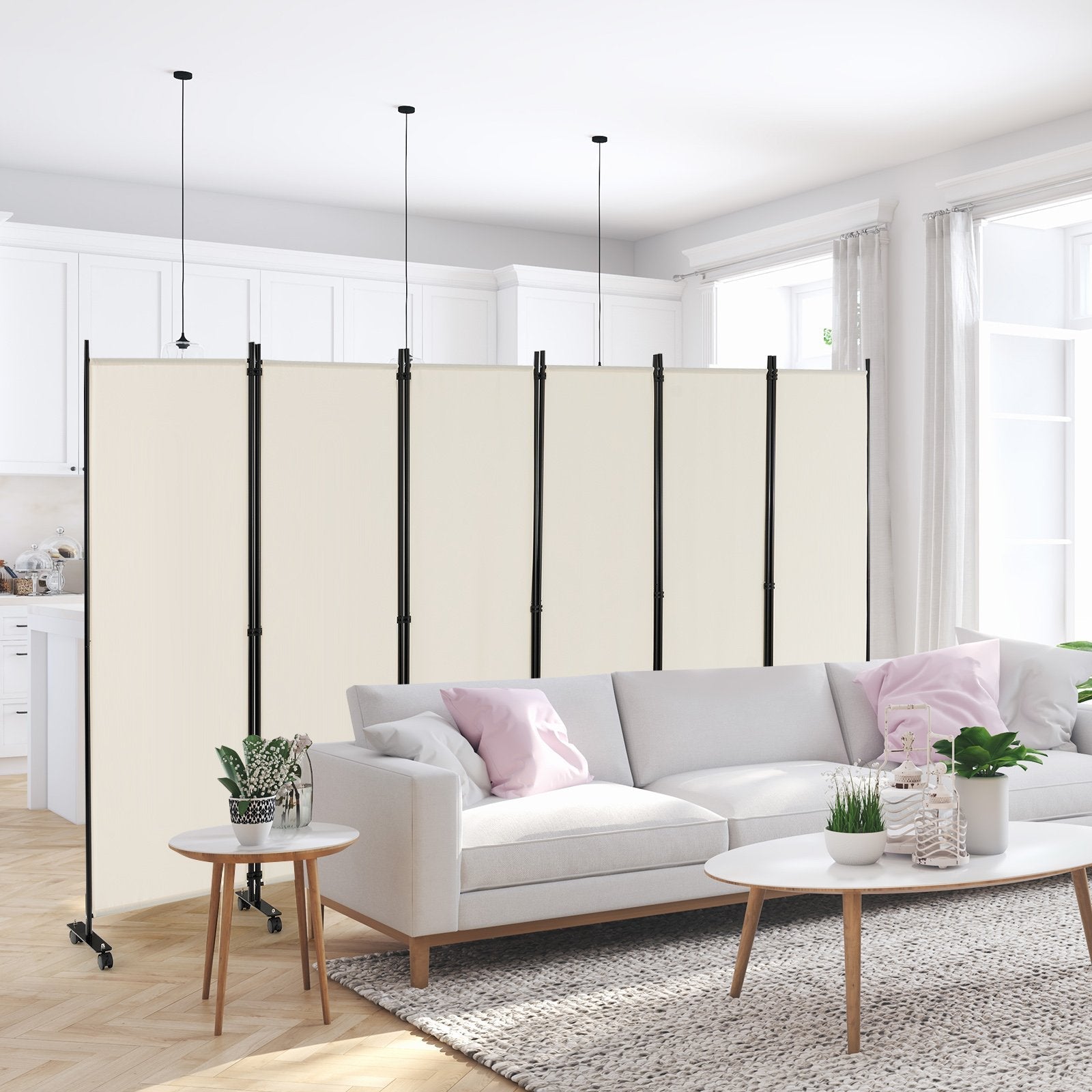 6 Panel 5.7 Feet Tall Rolling Room Divider on Wheels-Black