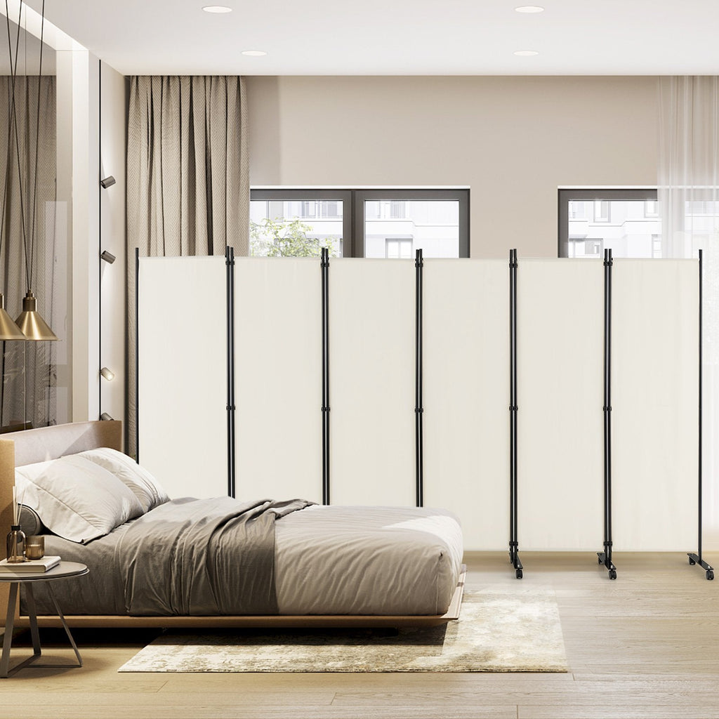 6 Panel 5.7 Feet Tall Rolling Room Divider on Wheels-Black