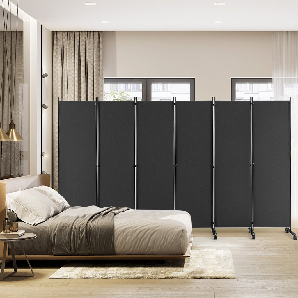 6 Panel 5.7 Feet Tall Rolling Room Divider on Wheels-Black