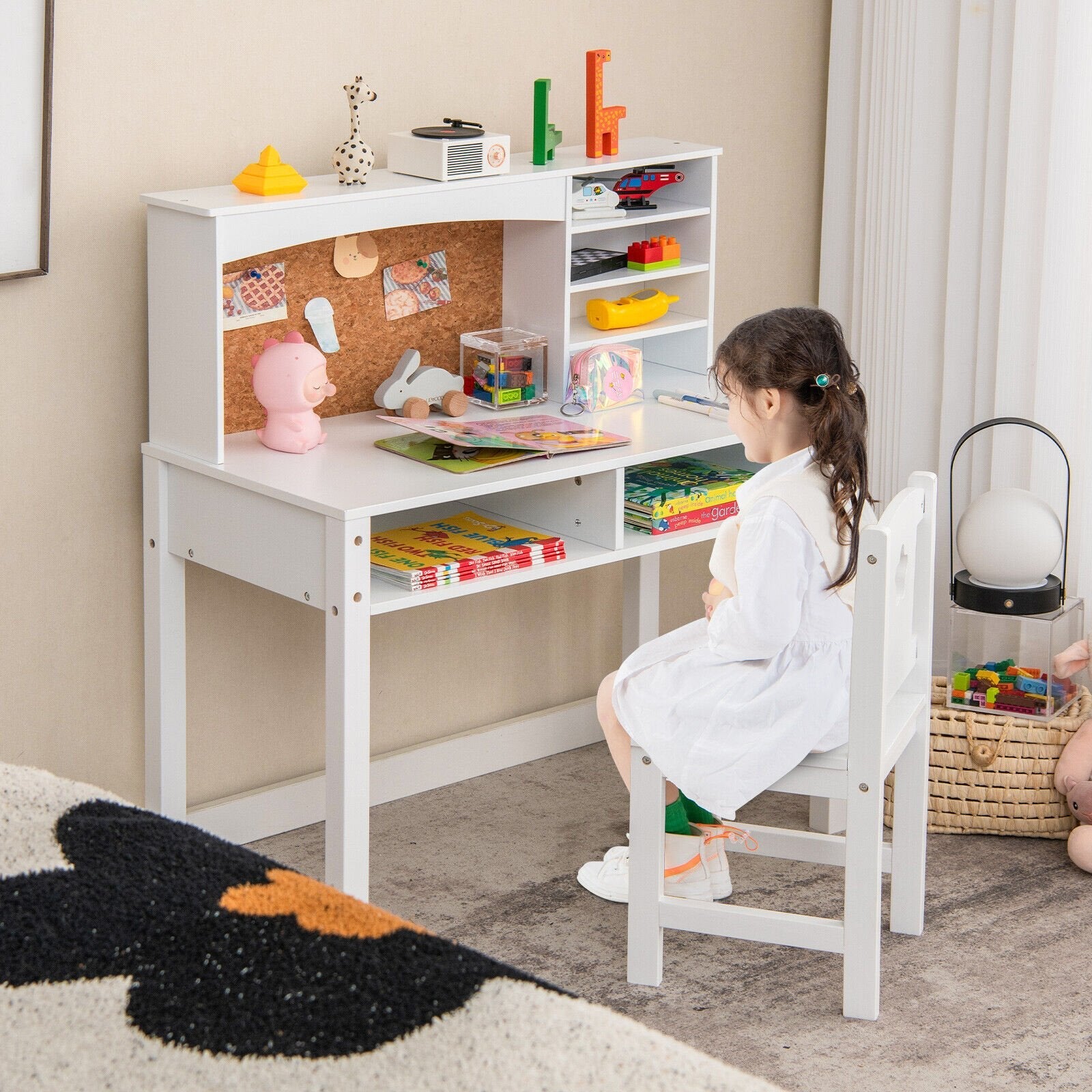 Kids Desk and Chair Set with Hutch and Bulletin Board for 3+ Kids-Pink