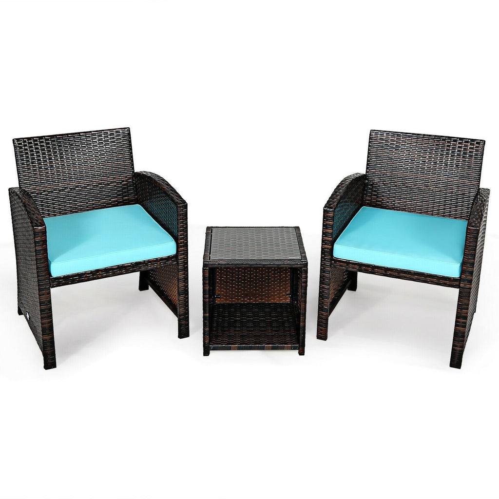 3 Pieces PE Rattan Wicker Furniture Set with Cushion Sofa Coffee Table for Garden-Gray
