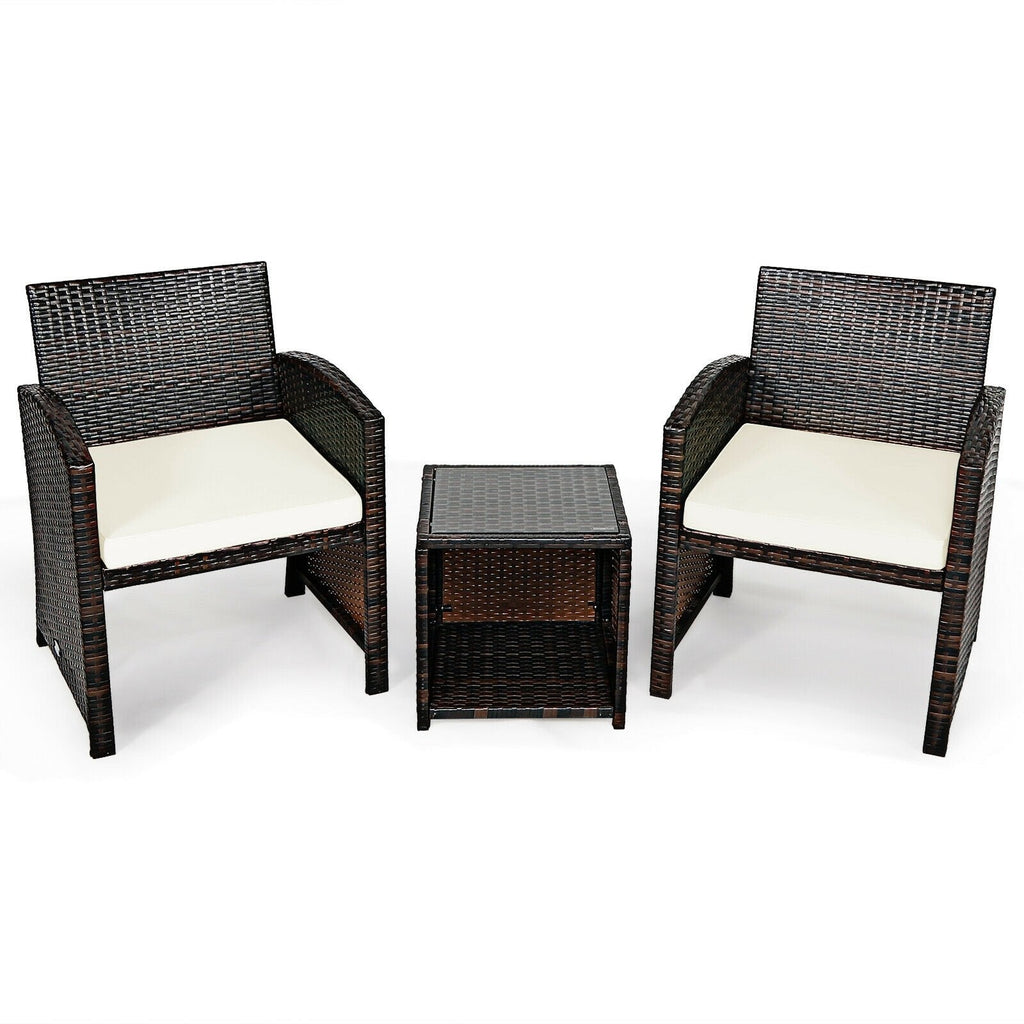 3 Pieces PE Rattan Wicker Furniture Set with Cushion Sofa Coffee Table for Garden-Gray