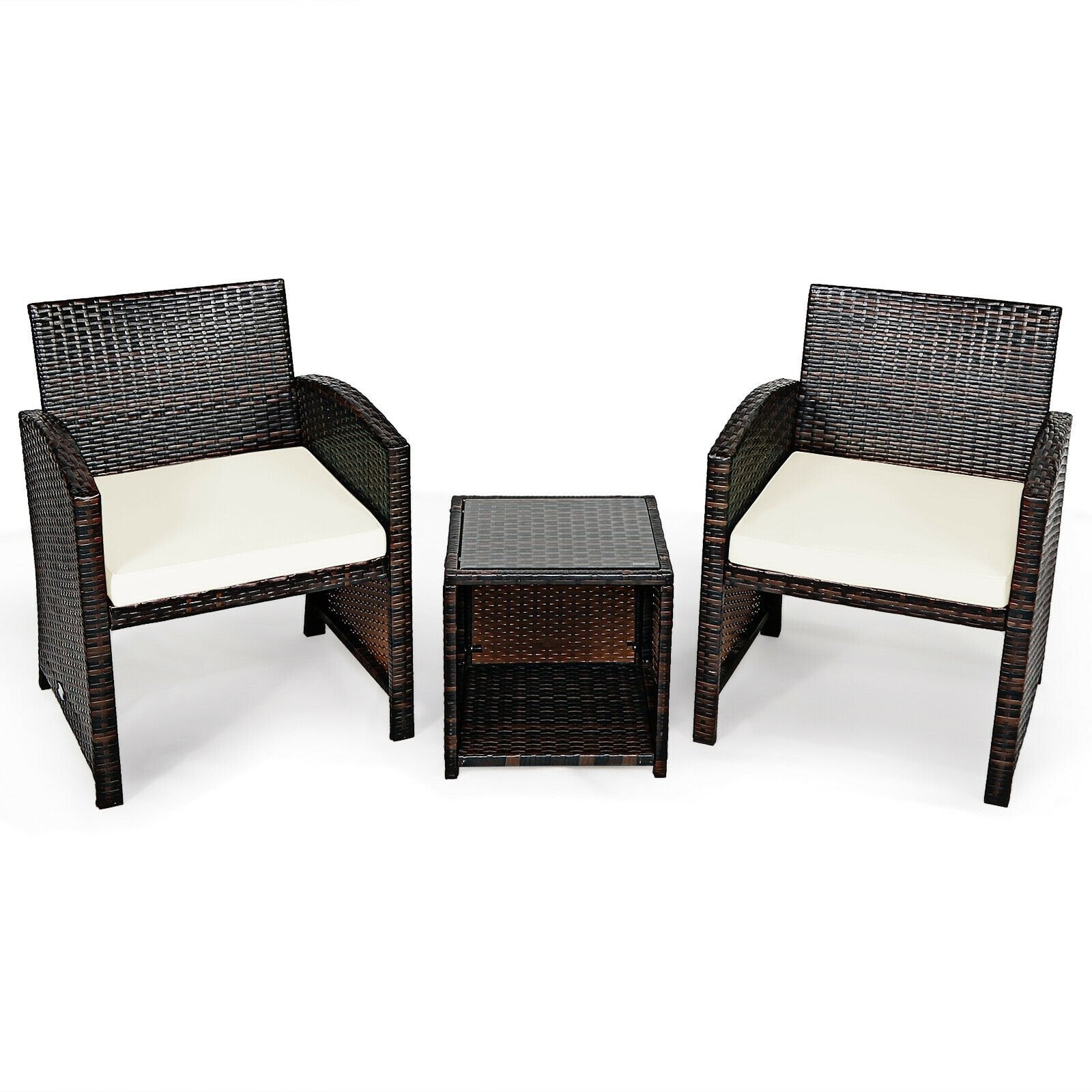 3 Pieces PE Rattan Wicker Furniture Set with Cushion Sofa Coffee Table for Garden-Gray