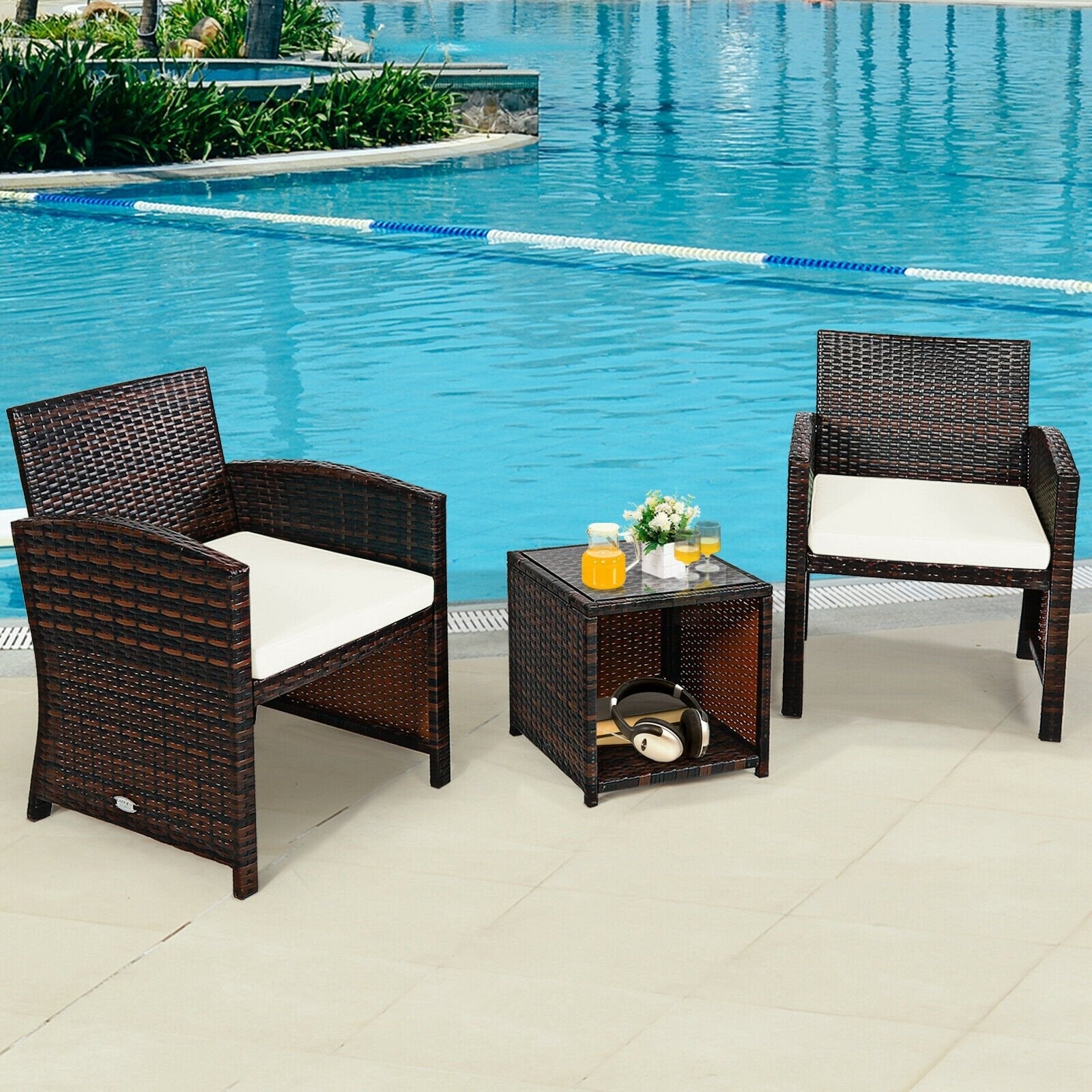 3 Pieces PE Rattan Wicker Furniture Set with Cushion Sofa Coffee Table for Garden-Gray