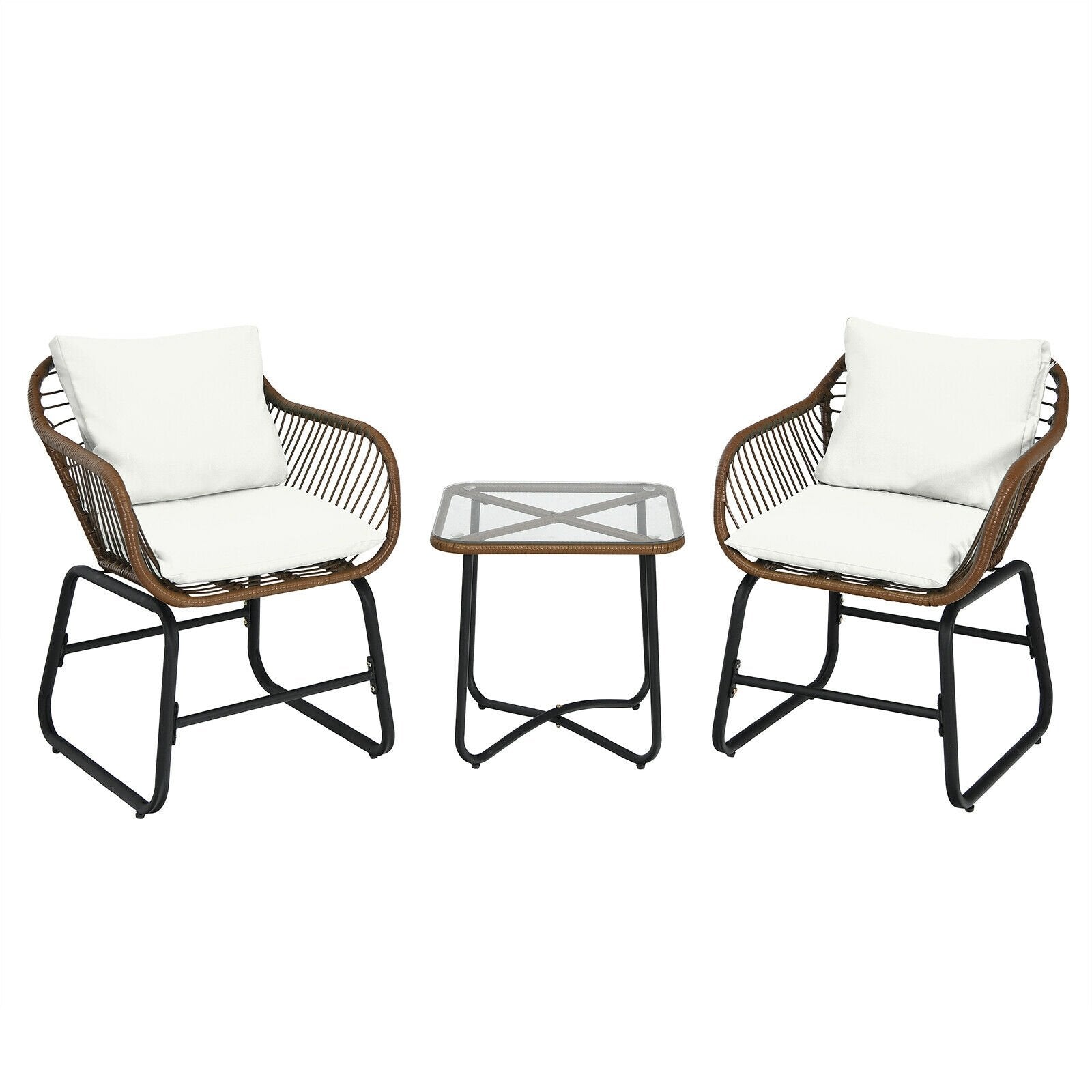 3 Pieces Patio Rattan Bistro Set with Cushions and Glass Table-Red