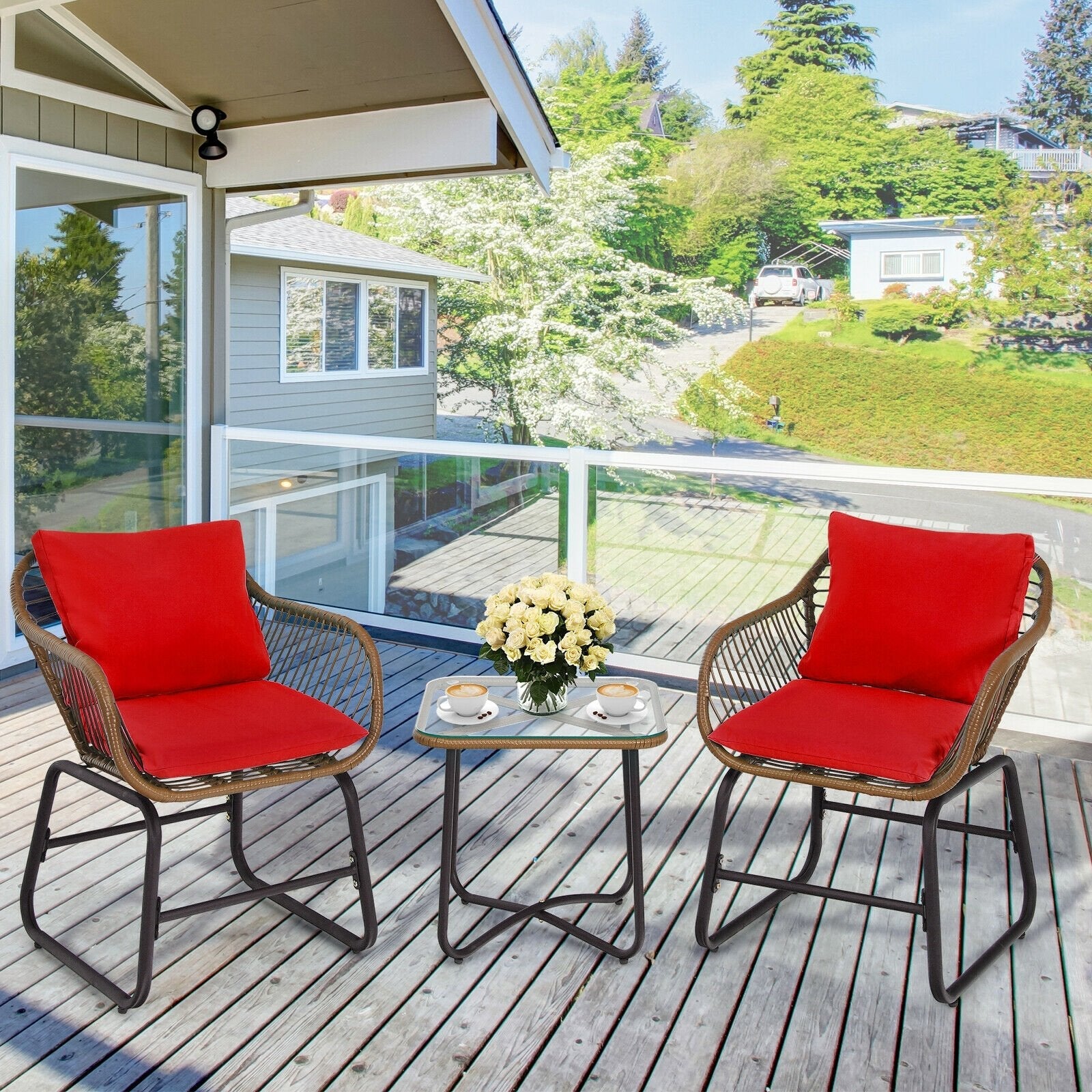 3 Pieces Patio Rattan Bistro Set with Cushions and Glass Table-Red